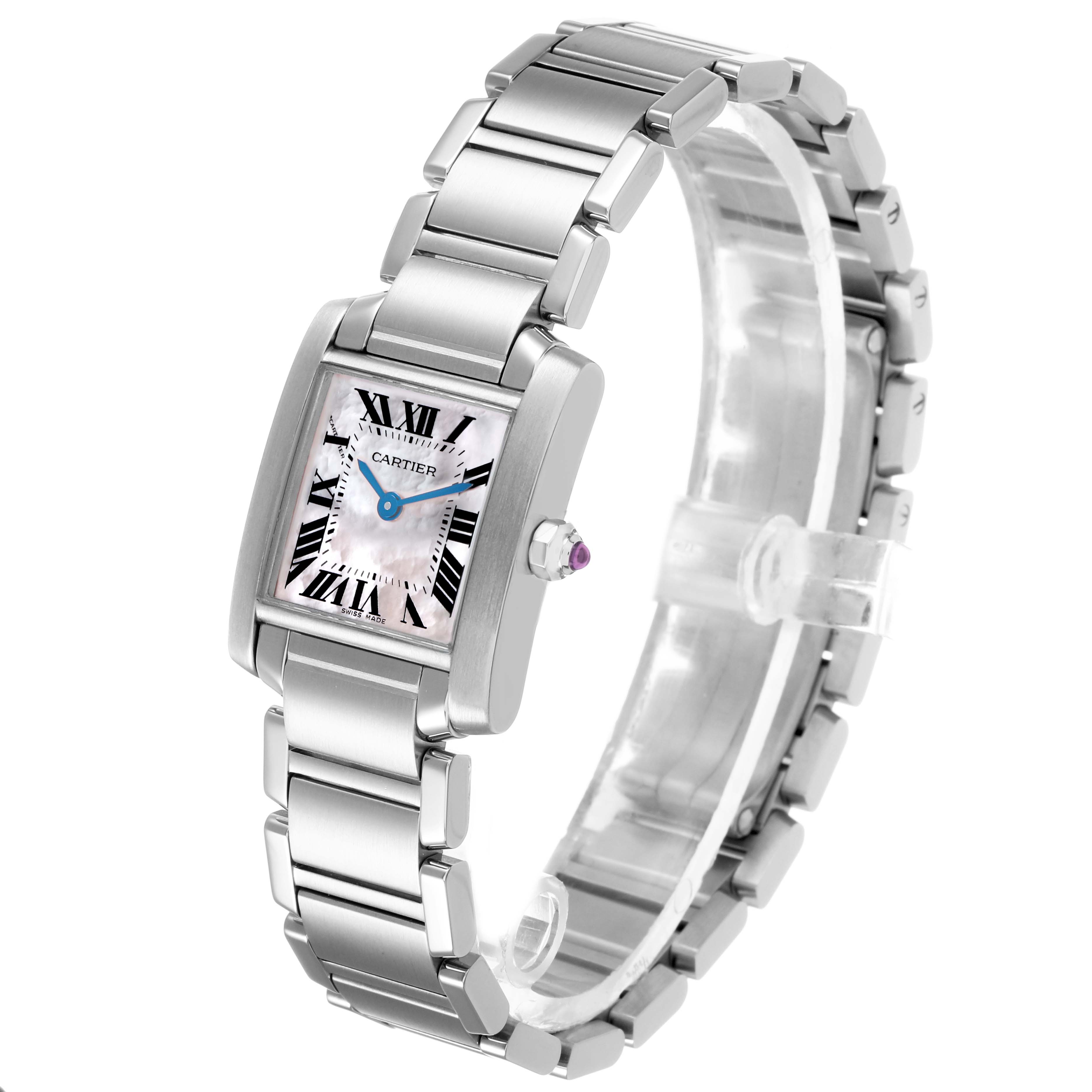 The Cartier Tank Francaise W51028Q3 Women's Stainless Steel Mother of Pearl Dial watch is shown at a slight angle, highlighting its rectangular face, Roman numerals, and metal bracelet.
