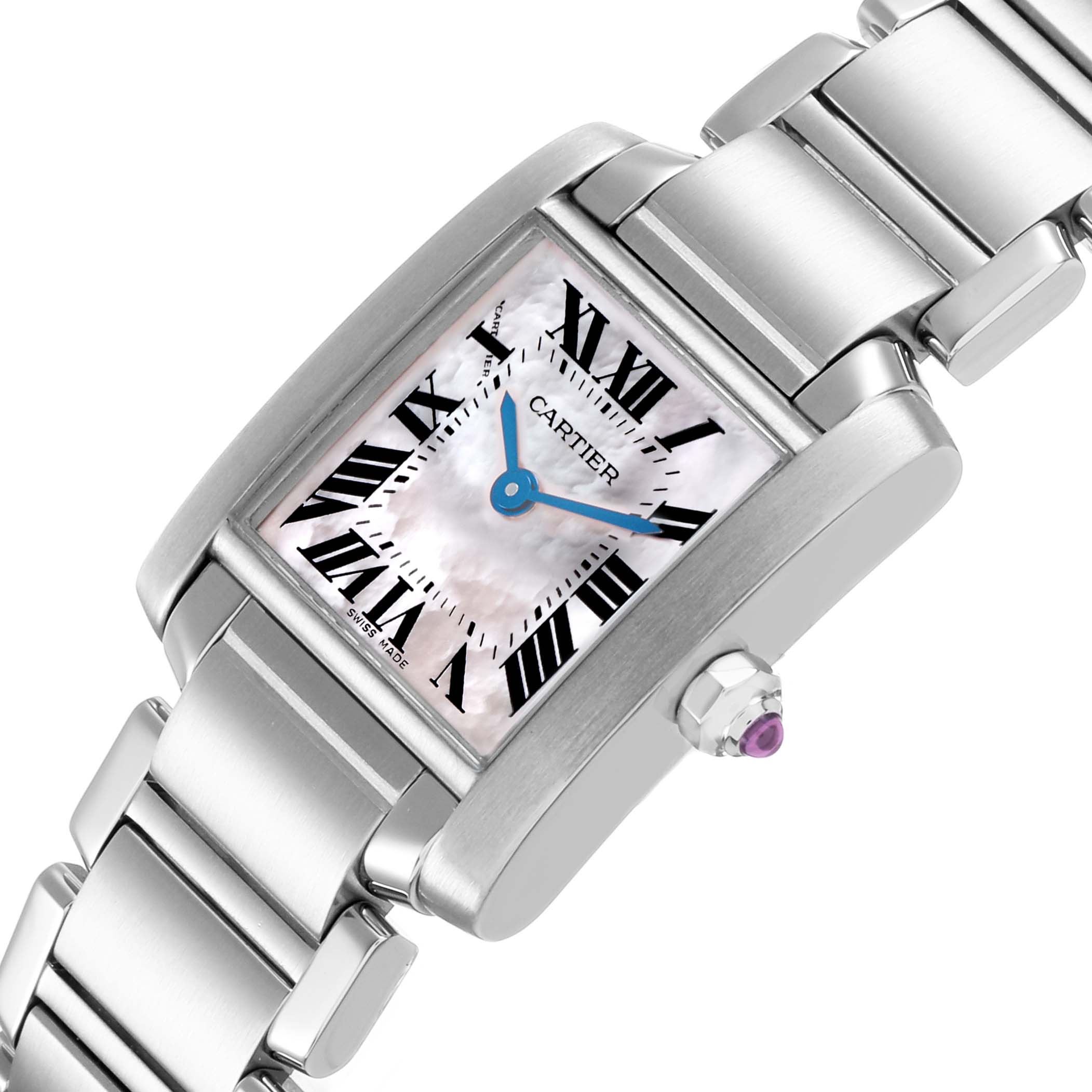 The Cartier Tank Française watch is shown at an angled top view, highlighting its rectangular face, Roman numerals, and stainless steel bracelet.