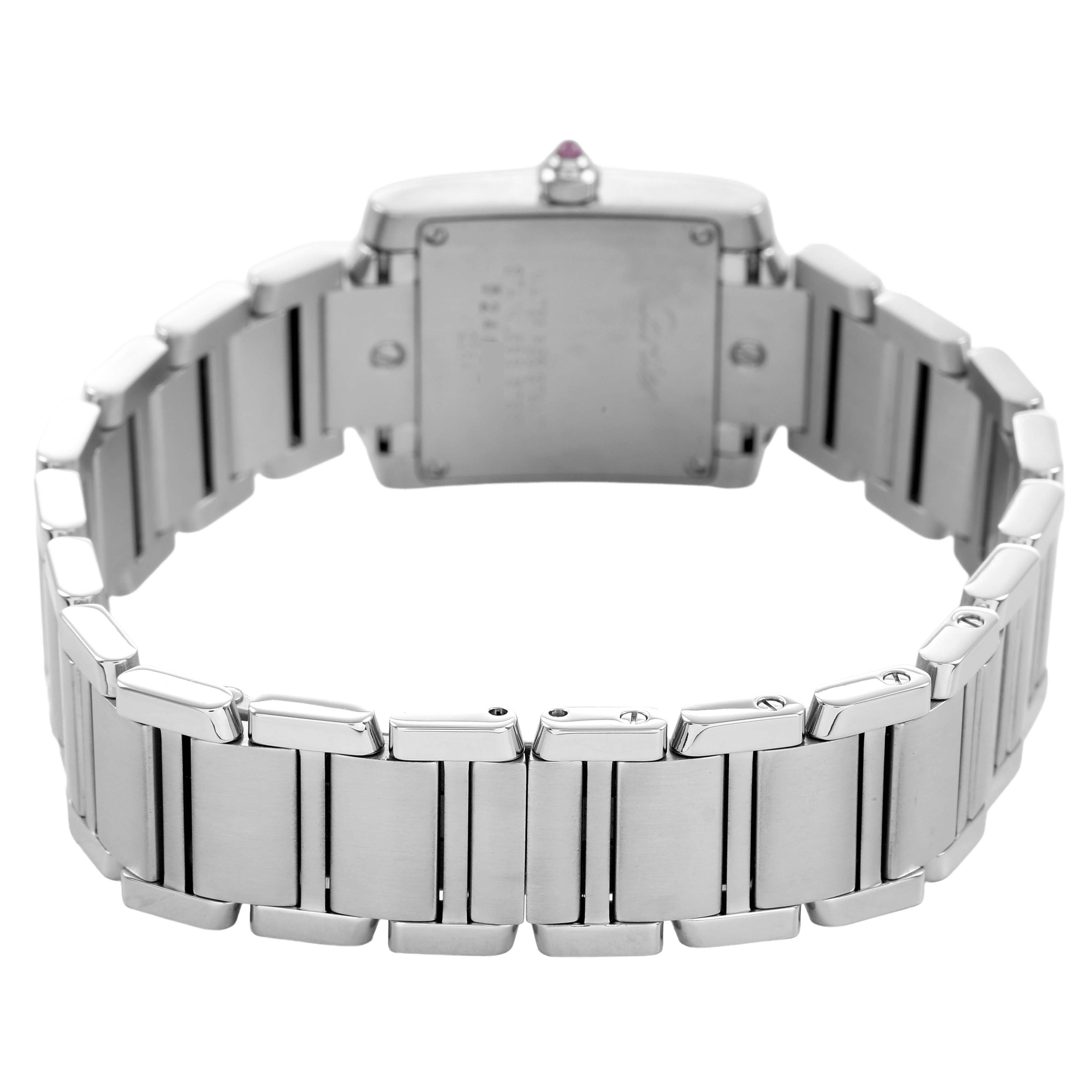The Cartier Tank Francaise W51028Q3 Women's Stainless Steel Mother of Pearl Dial watch is shown from the back, highlighting its stainless steel bracelet and case back.