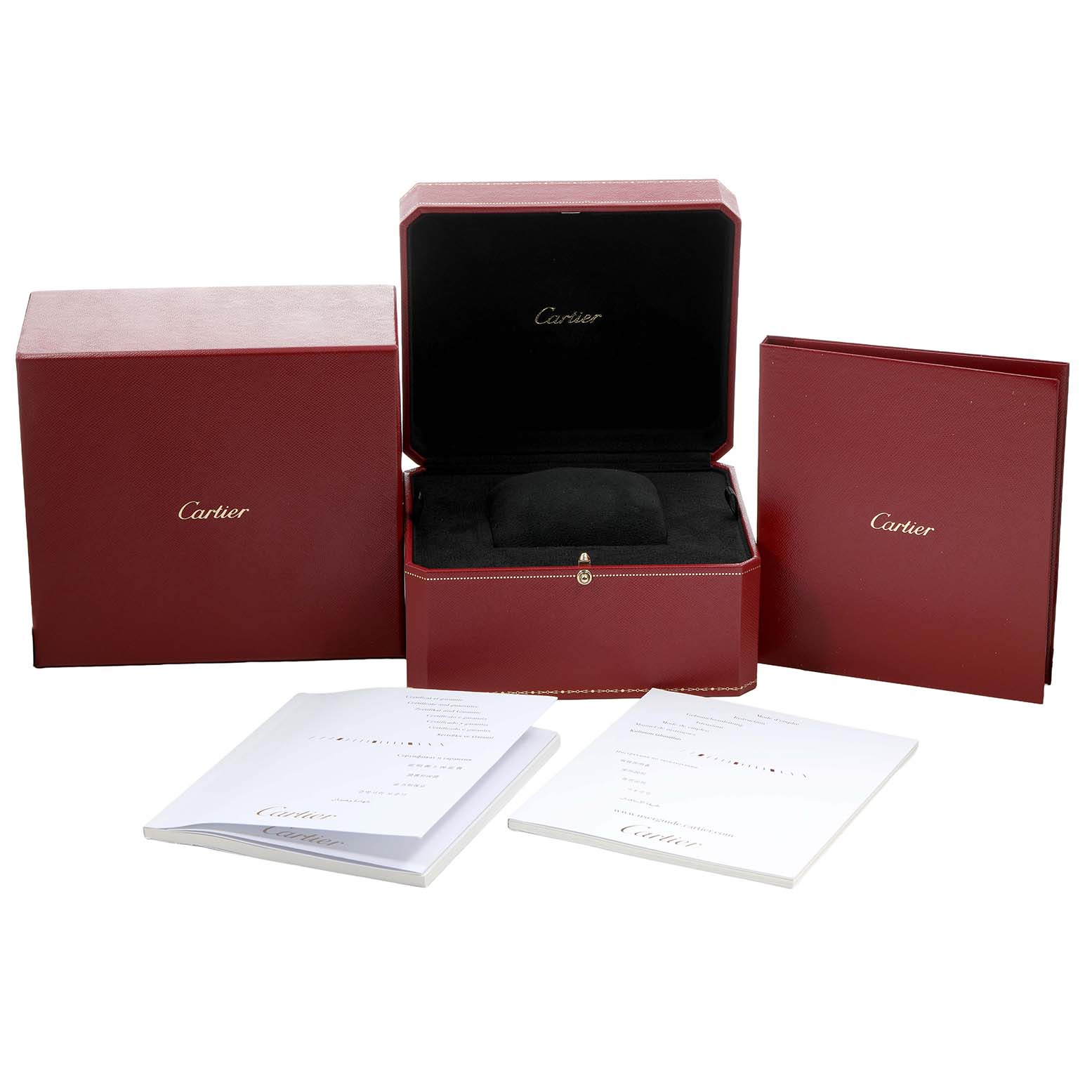The image shows Cartier Tank Francaise W51028Q3 Women's Stainless Steel Mother of Pearl Dial packaging, including a red box, inner case, and documents, from a front angle.
