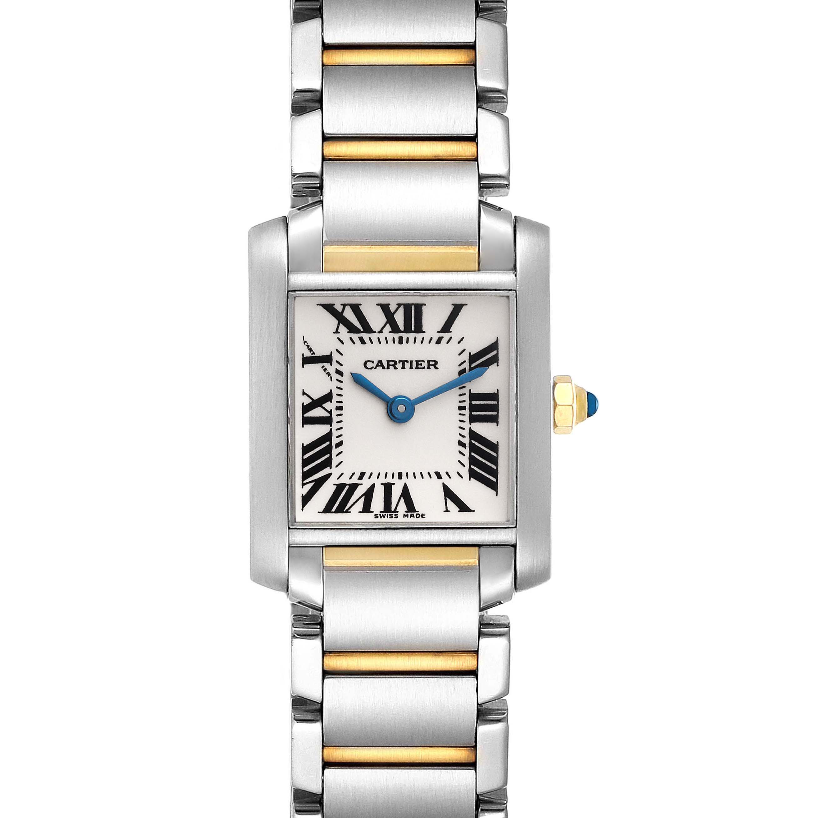 The image shows a front view of the Cartier Tank Francaise W51007Q4 Women's Steel and Gold (two tone) Silver Dial W51007Q4 Women's Steel and Gold (two tone) Silver Dial watch, displaying the face, bezel, and part of the metal bracelet.
