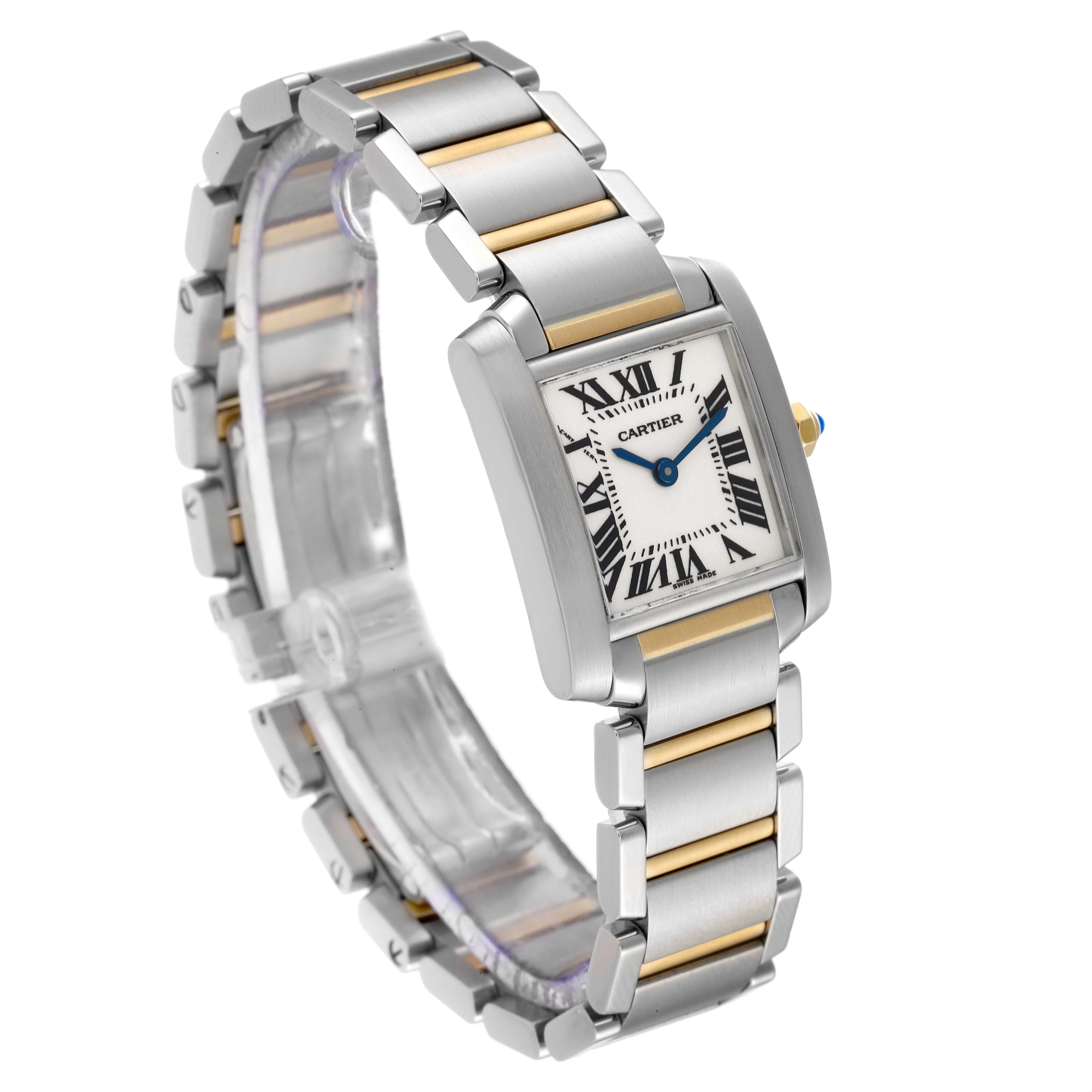 The image shows a Cartier Tank Française watch from a front-side angle, displaying the dial and two-tone bracelet.