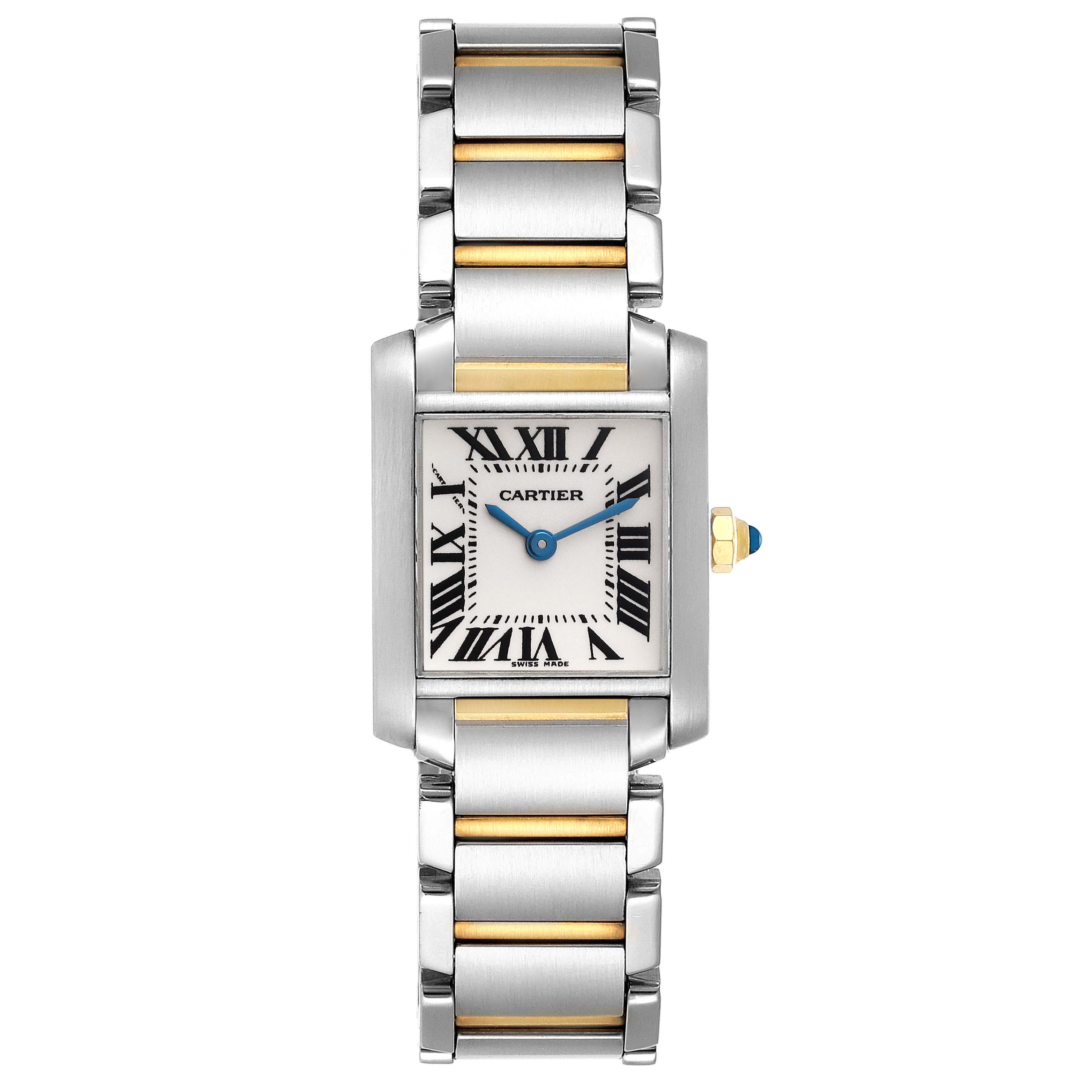 The Cartier Tank Francaise W51007Q4 Women's Steel and Gold (two tone) Silver Dial W51007Q4 Women's Steel and Gold (two tone) Silver Dial watch is shown from a top-down angle, displaying its rectangular face, Roman numerals, and dual-tone metal bracelet.
