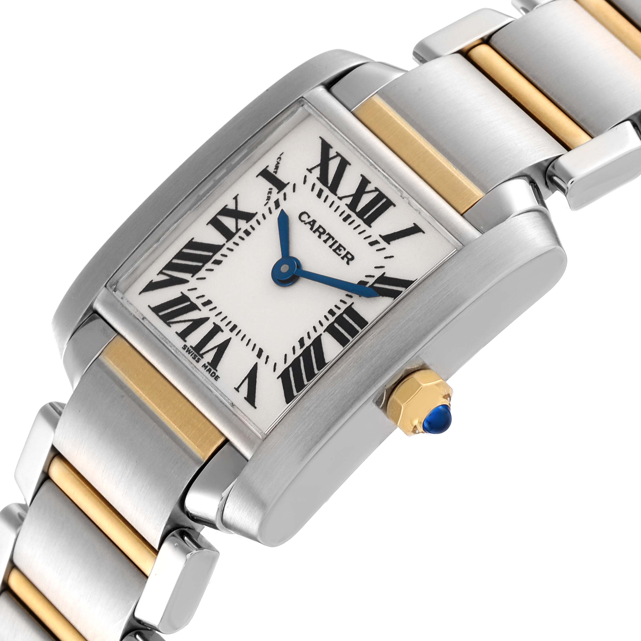 This image shows a close-up, angled view of the Cartier Tank Française watch, highlighting the dial, crown, and part of the bracelet.