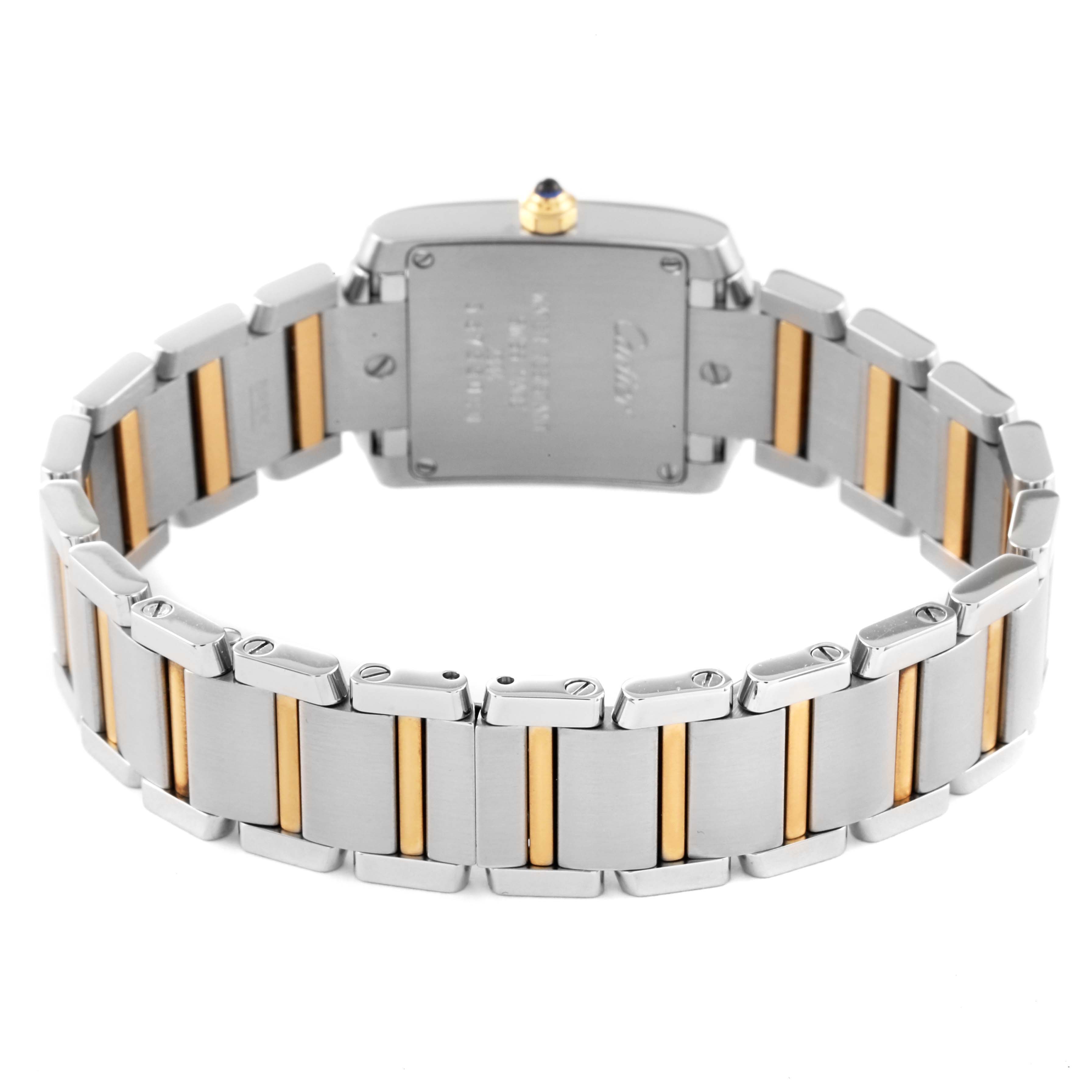 The image shows the back view of a Cartier Tank Francaise W51007Q4 Women's Steel and Gold (two tone) Silver Dial W51007Q4 Women's Steel and Gold (two tone) Silver Dial watch, highlighting its two-tone metal bracelet and case back.