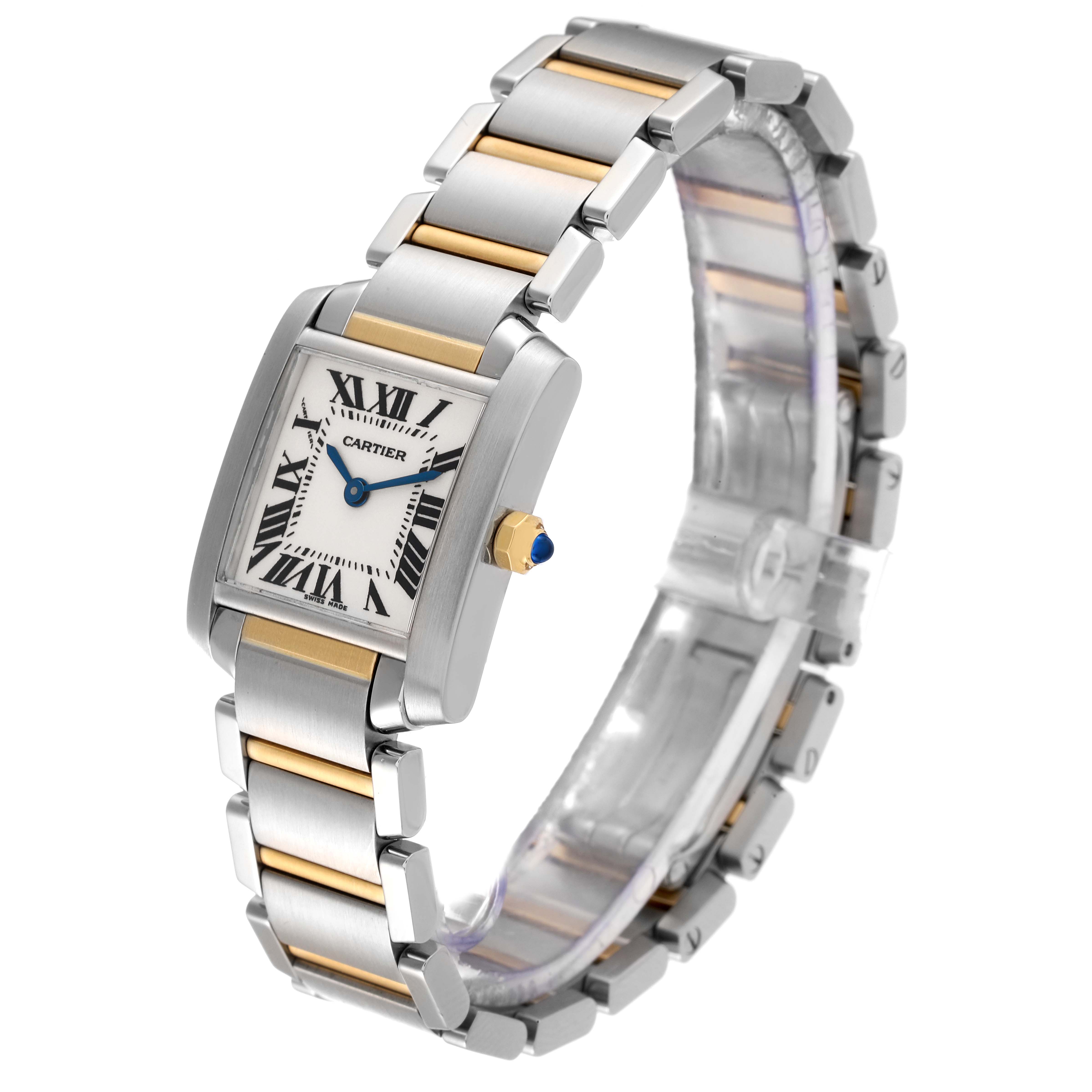 The Cartier Tank Francaise W51007Q4 Women's Steel and Gold (two tone) Silver Dial W51007Q4 Women's Steel and Gold (two tone) Silver Dial watch is shown at a slight angle, displaying the bracelet, dial, and side profile.