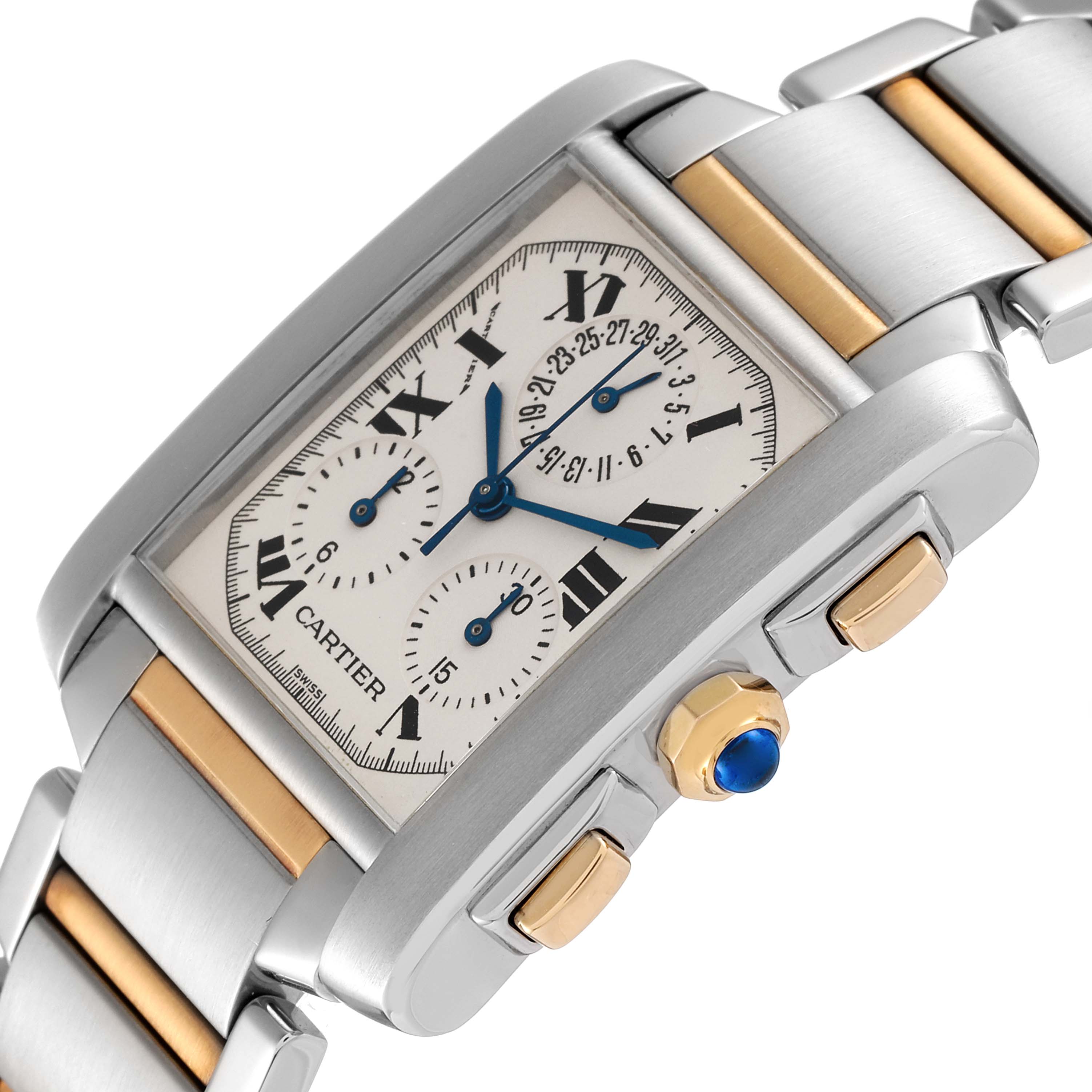 A close-up angle of the Cartier Tank Francaise W51004Q4 Men's Steel and Gold (two tone) Silver Dial W51004Q4 Men's Steel and Gold (two tone) Silver Dial watch shows its face, crown with blue cabochon, and dual-tone bracelet.