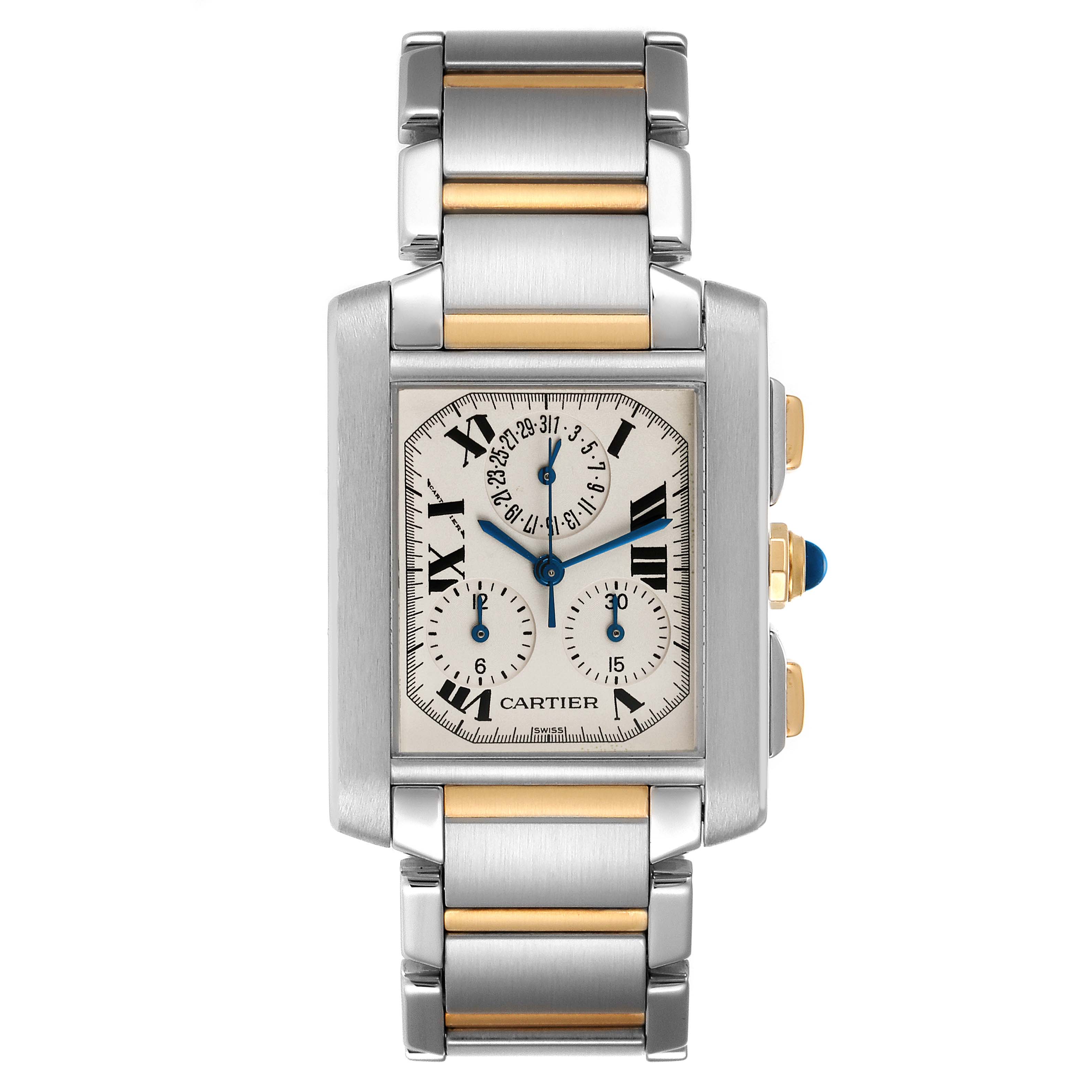 The image shows a Tank Française model by Cartier from a top view, displaying its watch face, bracelet, and side buttons.