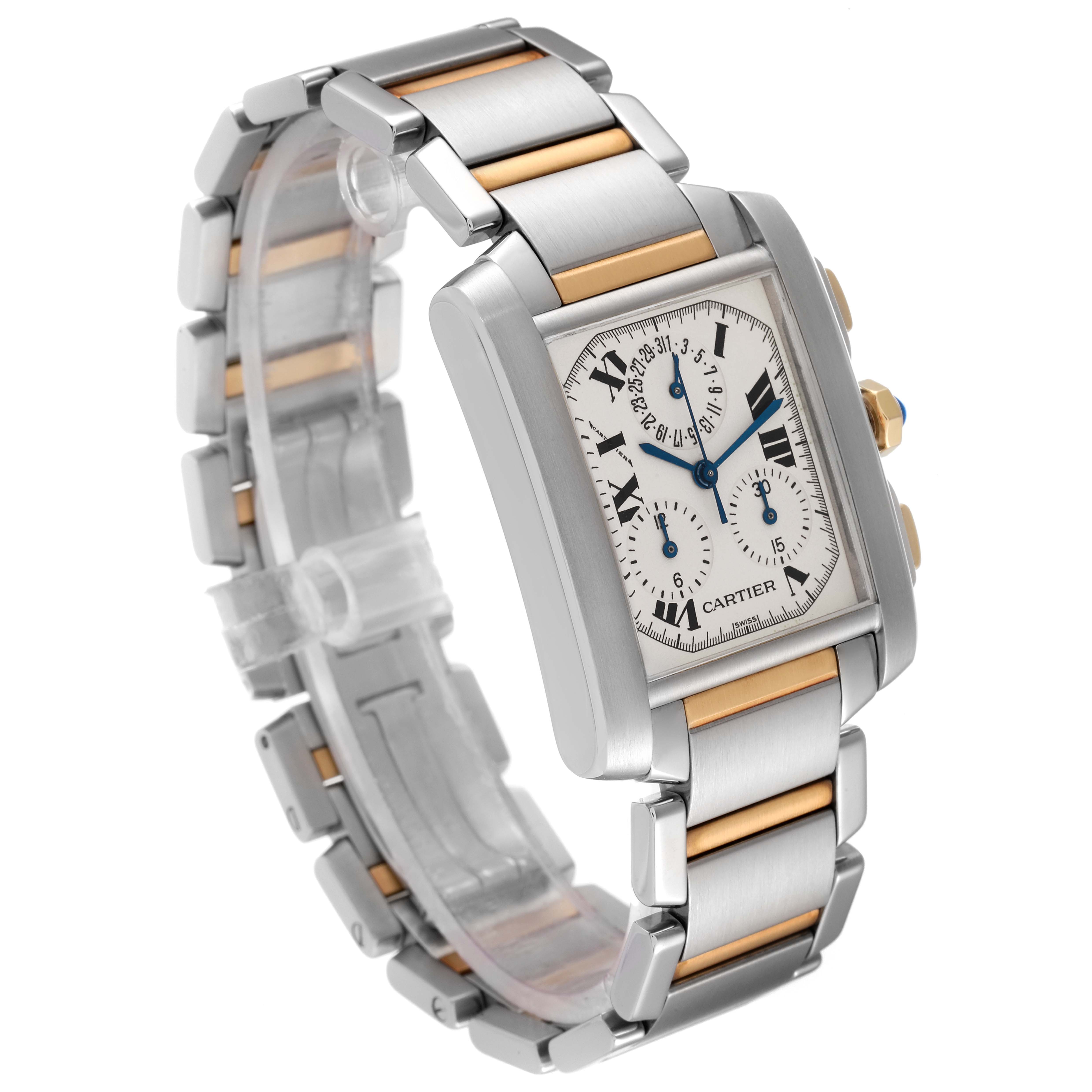 This is an angled view of a Cartier Tank Francaise W51004Q4 Men's Steel and Gold (two tone) Silver Dial W51004Q4 Men's Steel and Gold (two tone) Silver Dial watch, showing its rectangular face and two-tone metal bracelet.