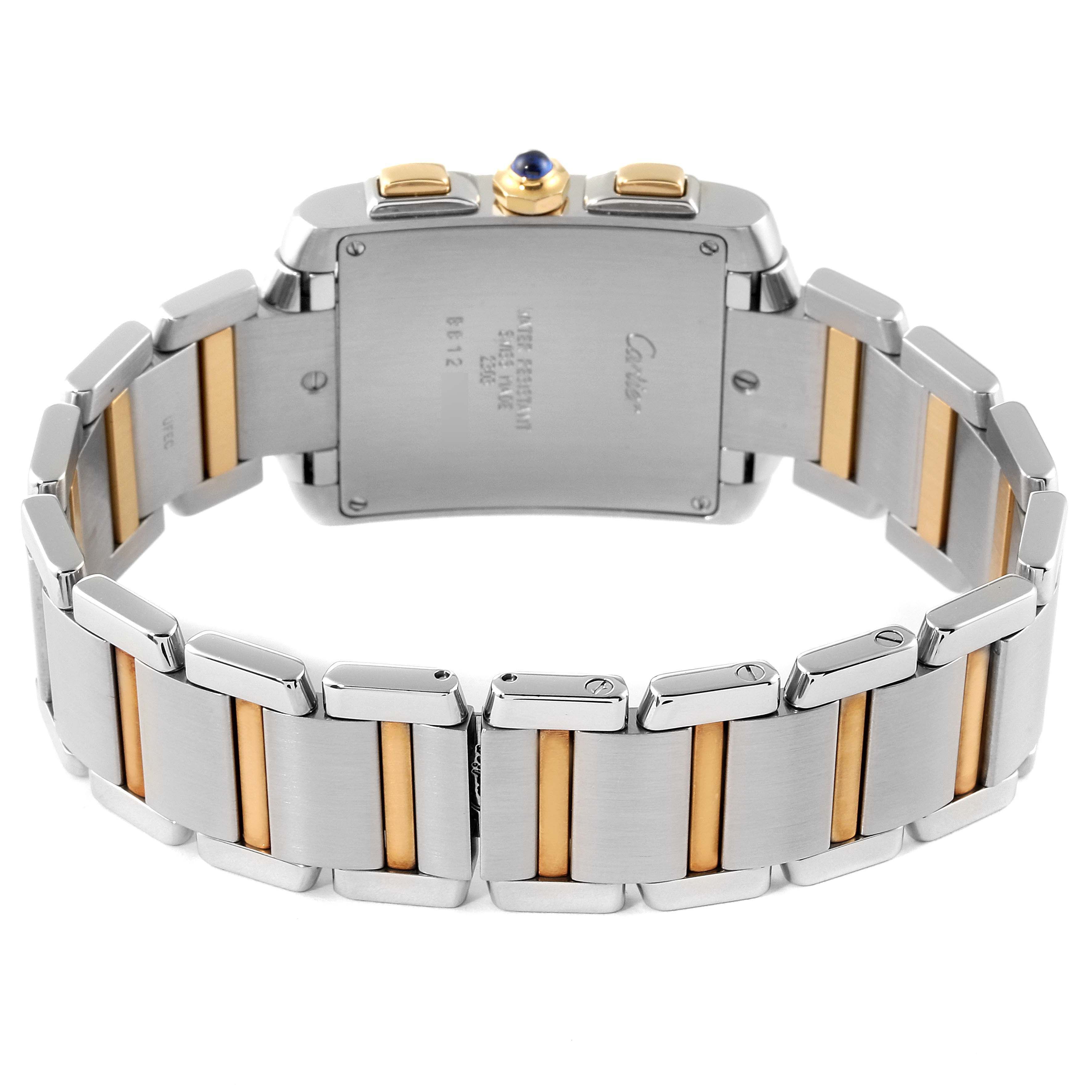 The image shows a rear angle of a Cartier Tank Francaise W51004Q4 Men's Steel and Gold (two tone) Silver Dial W51004Q4 Men's Steel and Gold (two tone) Silver Dial watch, highlighting its two-tone metal bracelet and case back.