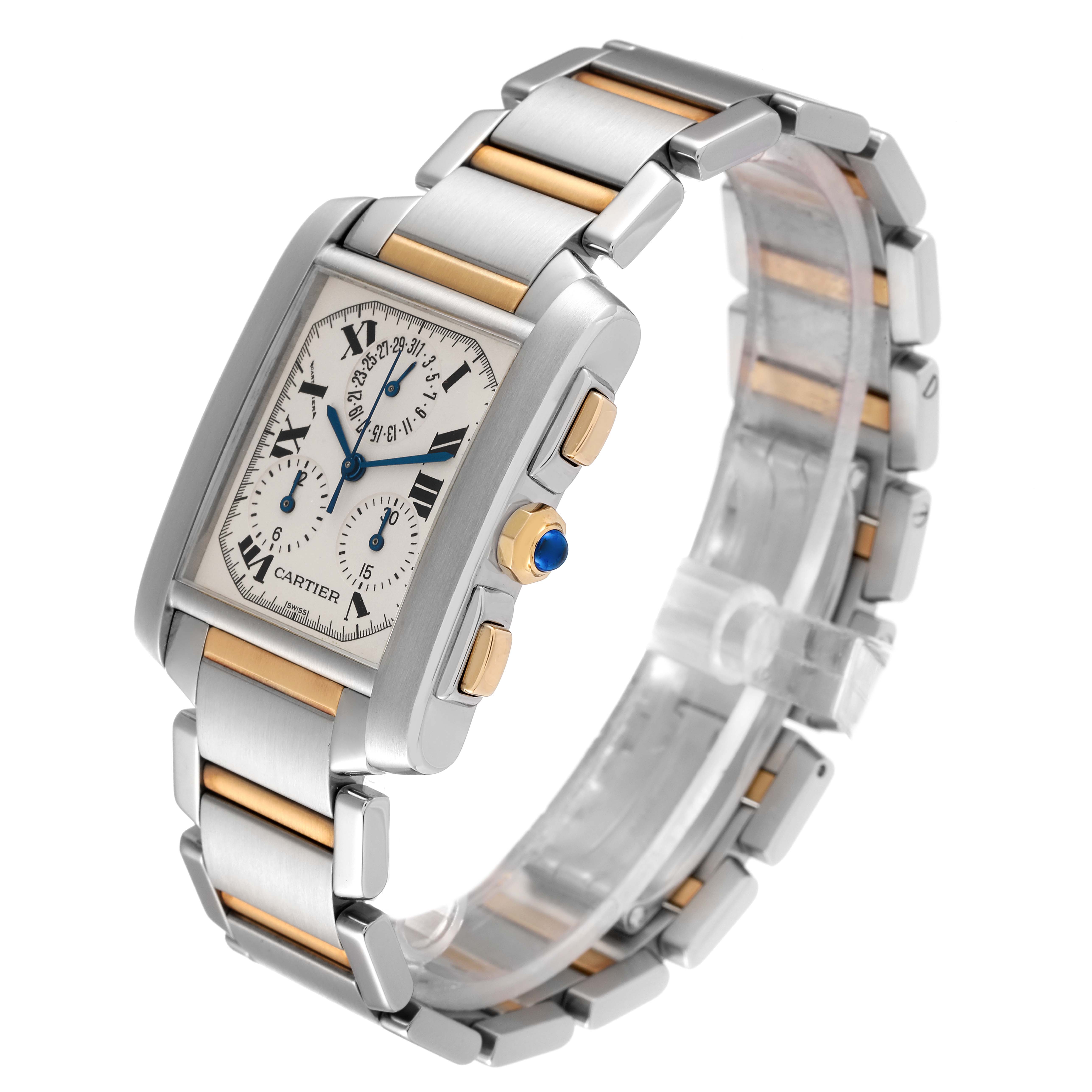 The image shows a Cartier Tank Francaise W51004Q4 Men's Steel and Gold (two tone) Silver Dial W51004Q4 Men's Steel and Gold (two tone) Silver Dial watch from a side angle, highlighting its two-tone bracelet and rectangular dial.