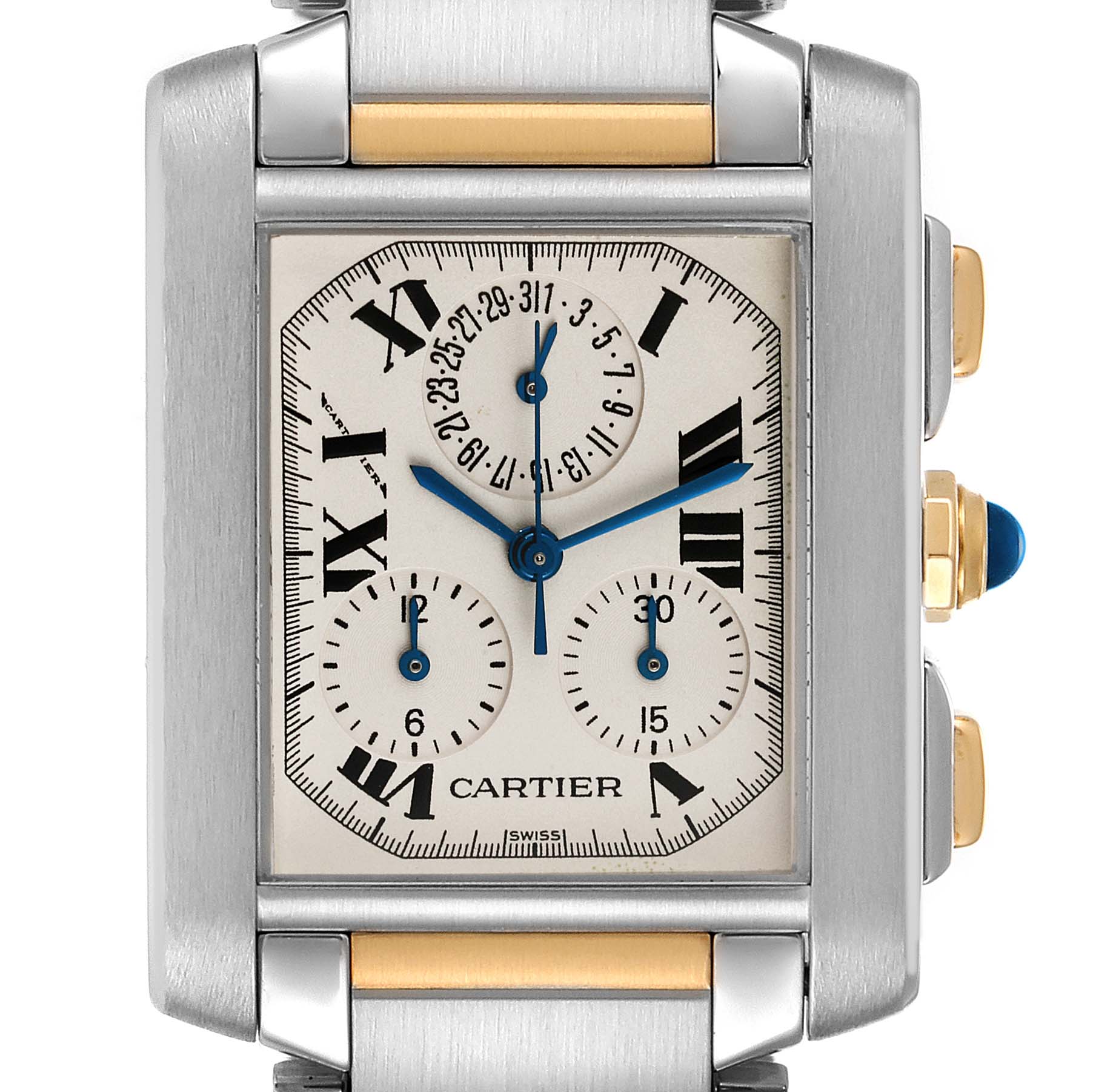 The image shows a close-up of the Cartier Tank Francaise W51004Q4 Men's Steel and Gold (two tone) Silver Dial W51004Q4 Men's Steel and Gold (two tone) Silver Dial watch displaying its face and part of the bracelet.