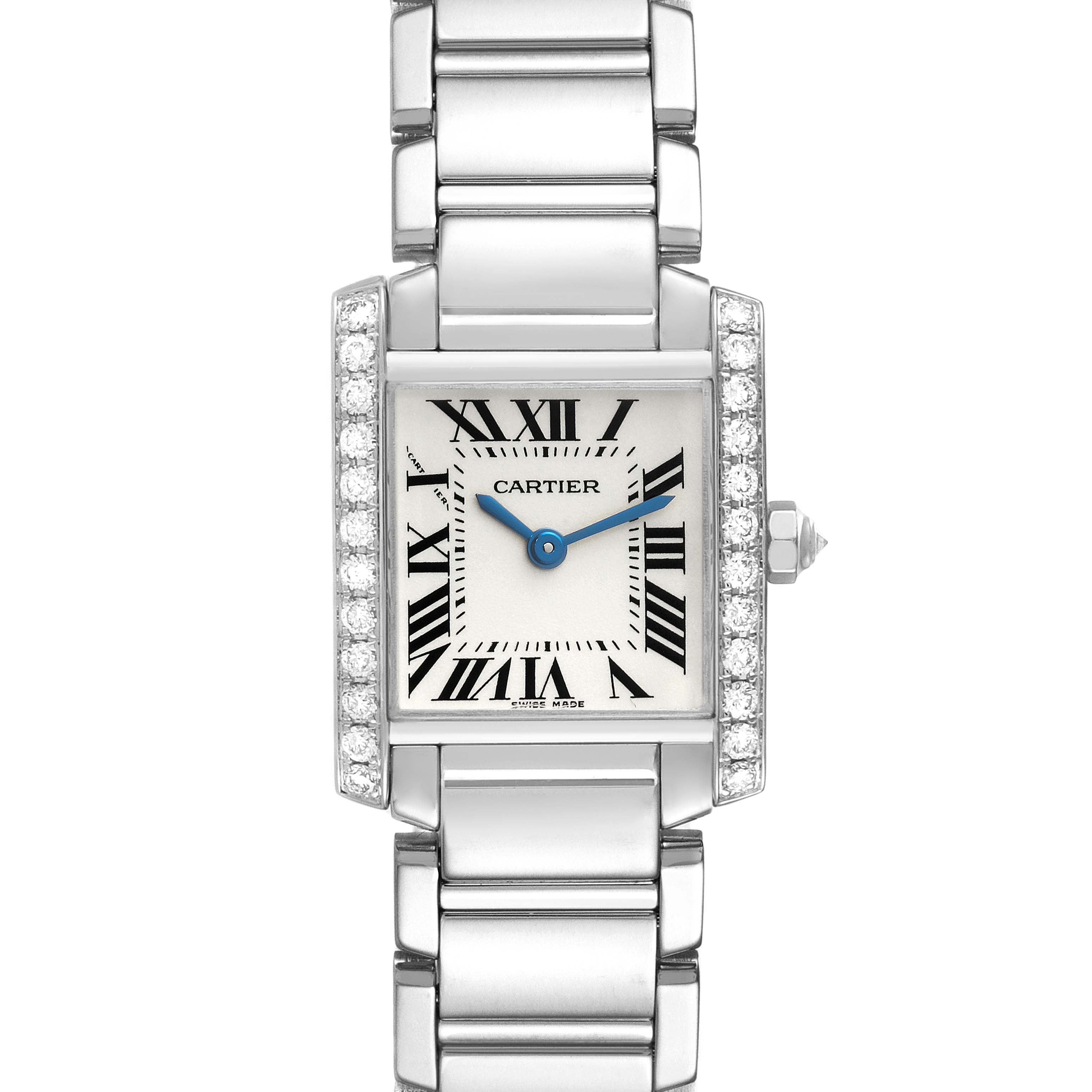 This Cartier Tank Francaise WE1002S3 Women's White Gold Silver Dial WE1002S3 Women's White Gold Silver Dial watch is shown from a top-down angle highlighting the rectangular face, Roman numerals, and metallic bracelet.