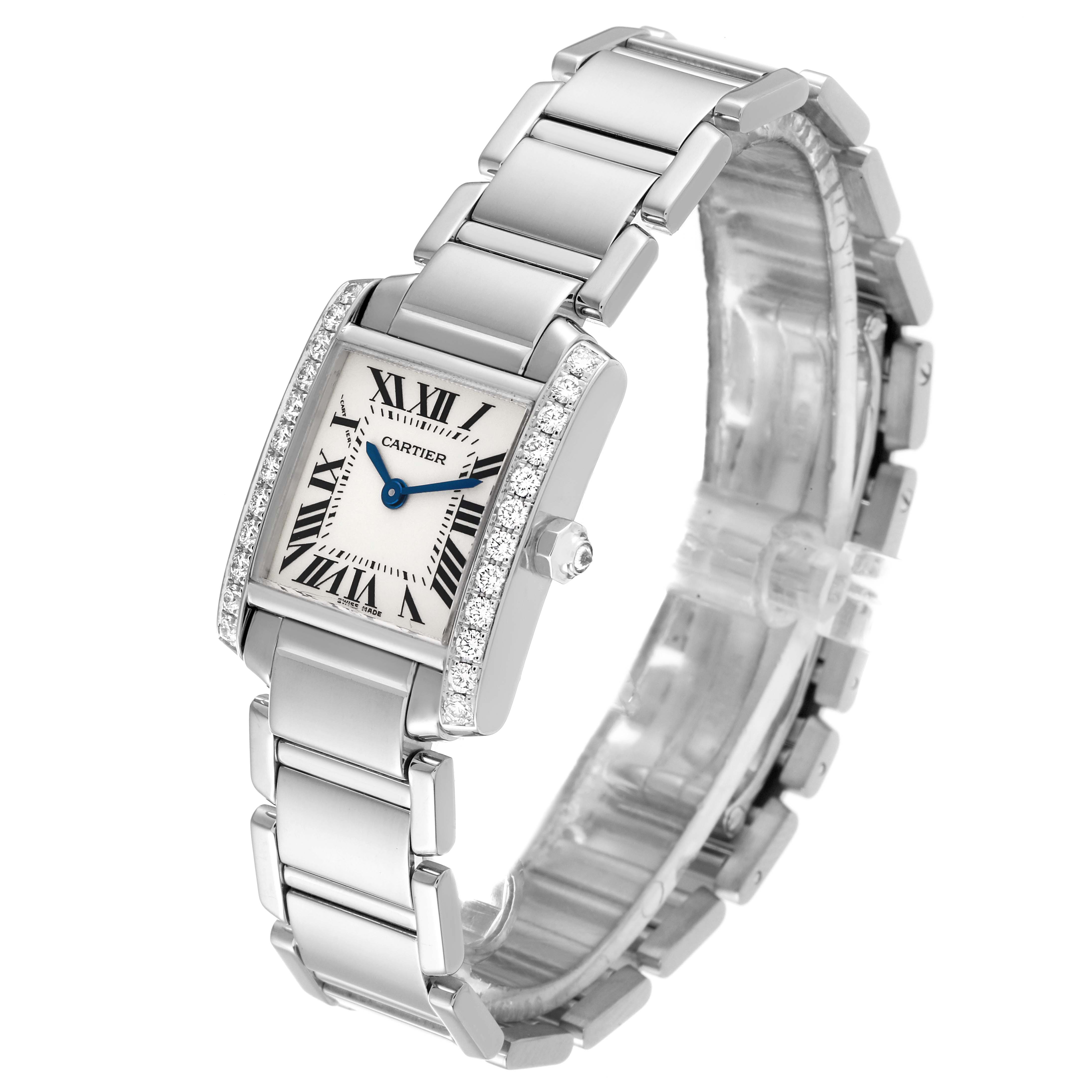 The Cartier Tank Francaise WE1002S3 Women's White Gold Silver Dial WE1002S3 Women's White Gold Silver Dial watch is shown at a front angle, displaying its face, strap, and side profile.