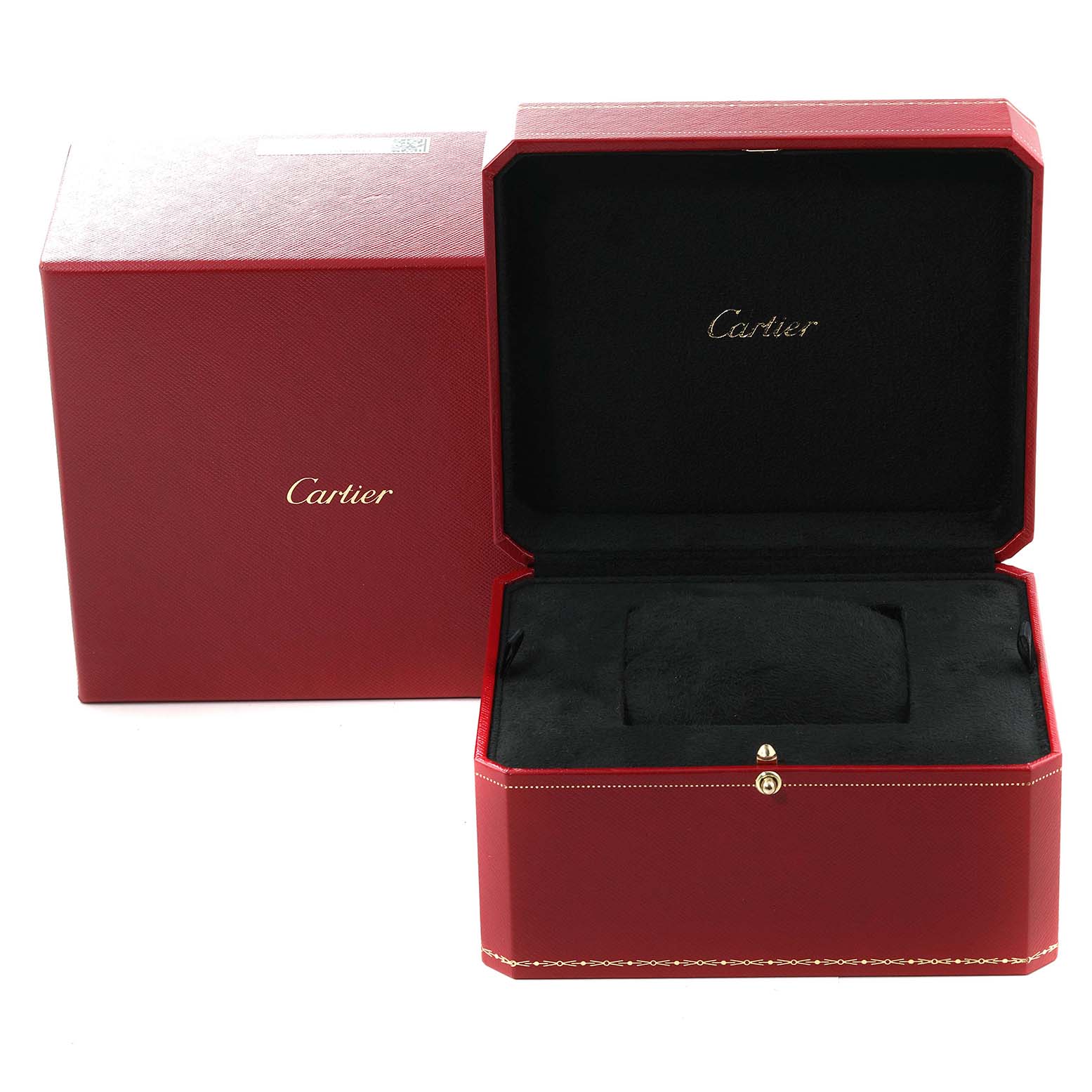 The image shows an open red Cartier box with black interior, and "Cartier" written inside, intended for the Tank Française model.