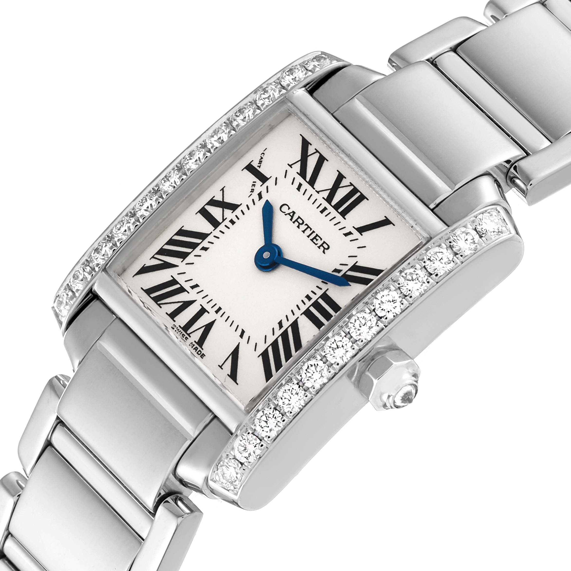 The Cartier Tank Francaise WE1002S3 Women's White Gold Silver Dial WE1002S3 Women's White Gold Silver Dial watch is shown at an angle displaying its face, diamond-studded bezel, and part of the bracelet.