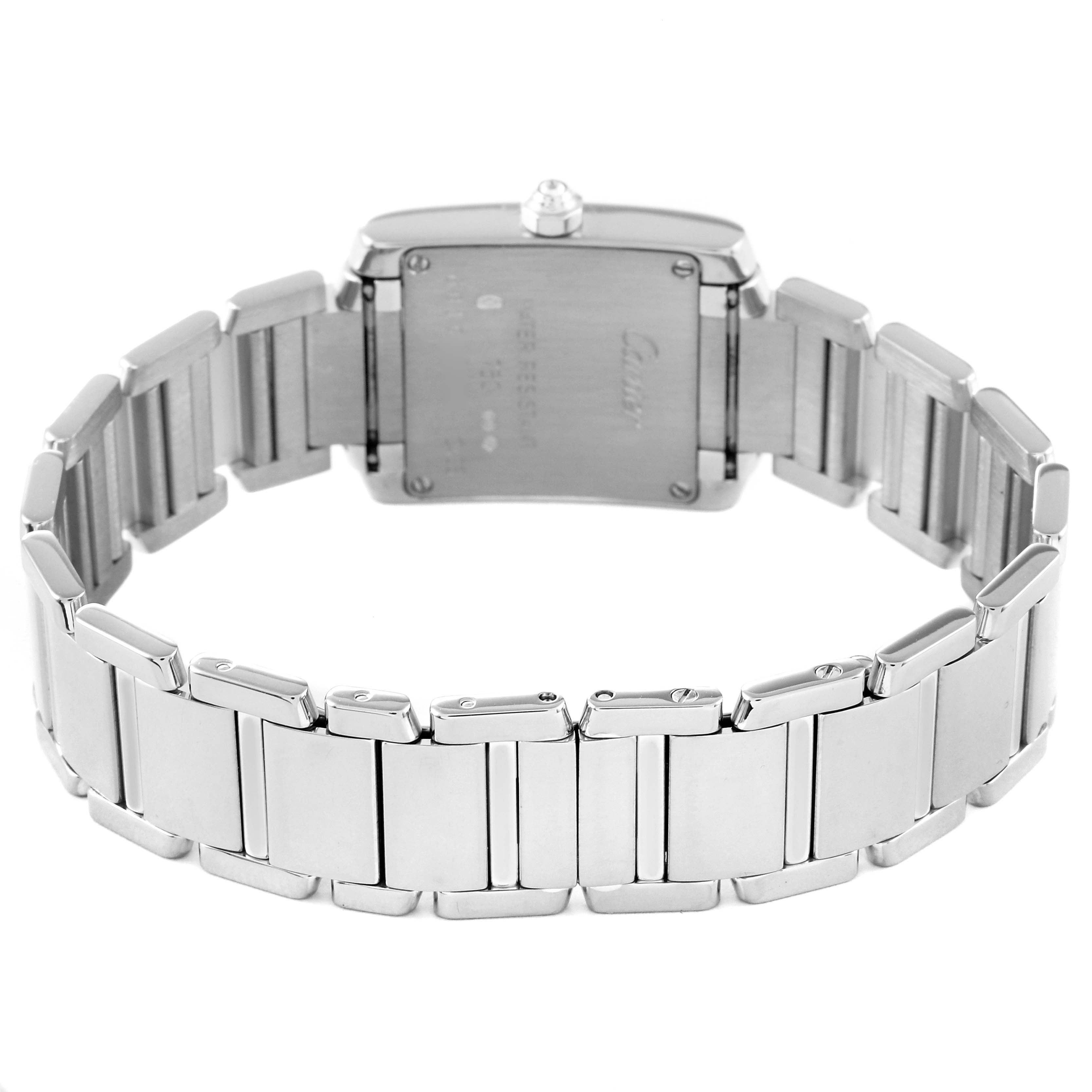 The image shows the back and bracelet of a Cartier Tank Française watch.