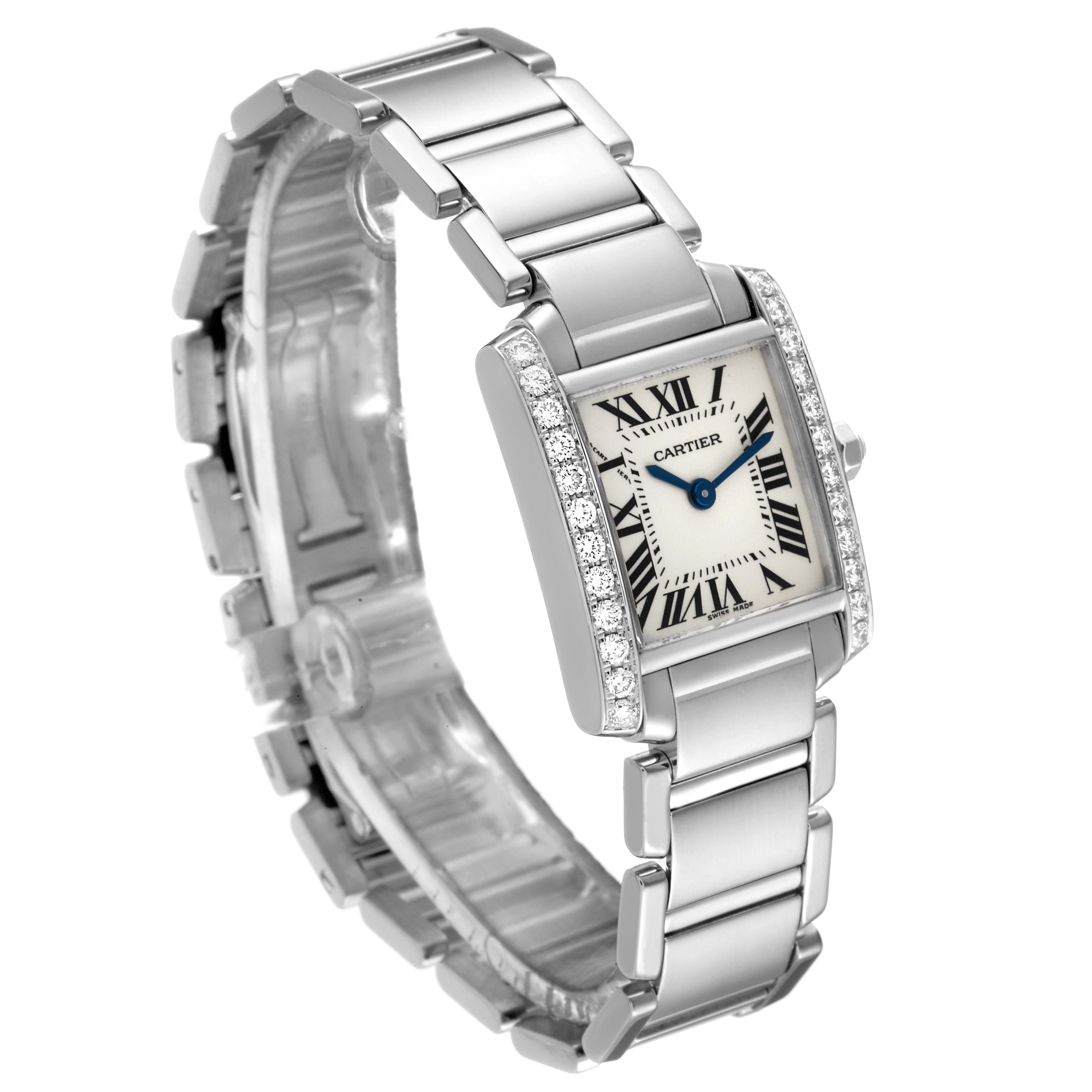 The image shows a side angle view of the Cartier Tank Francaise WE1002S3 Women's White Gold Silver Dial WE1002S3 Women's White Gold Silver Dial watch, highlighting its face, bracelet, and diamond accents.