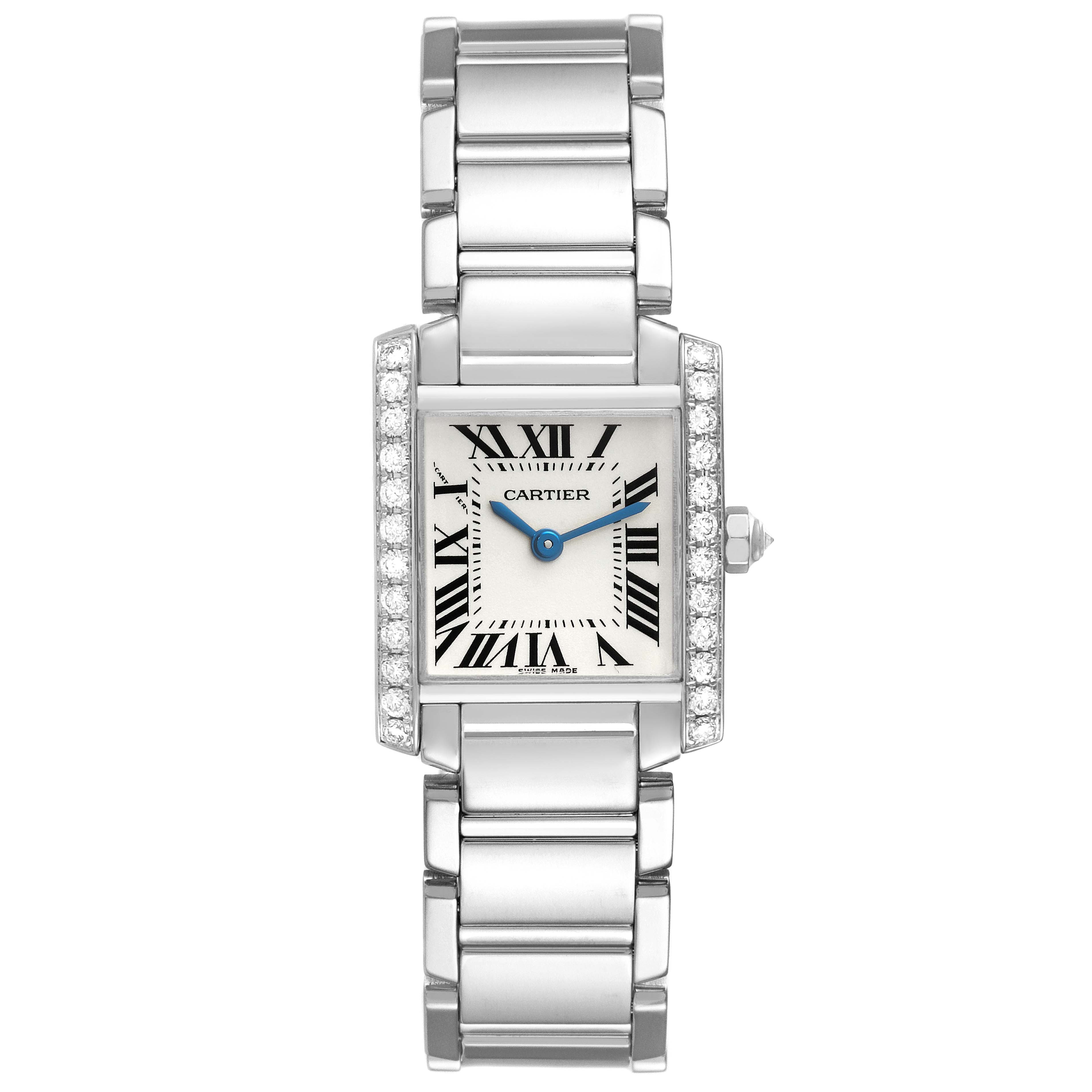 The image shows a front view of the Cartier Tank Française model, highlighting its rectangular face, metal bracelet, and diamond accents.