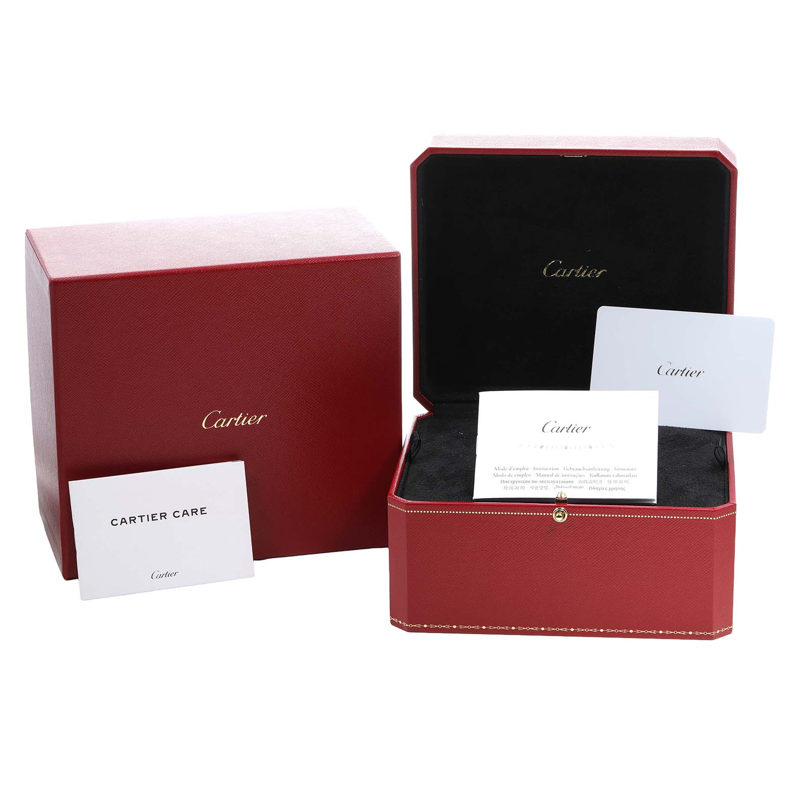 The image shows the packaging and documentation for a Cartier Tank Louis Women's Yellow Gold Silver Dial watch, including a red box and care cards.