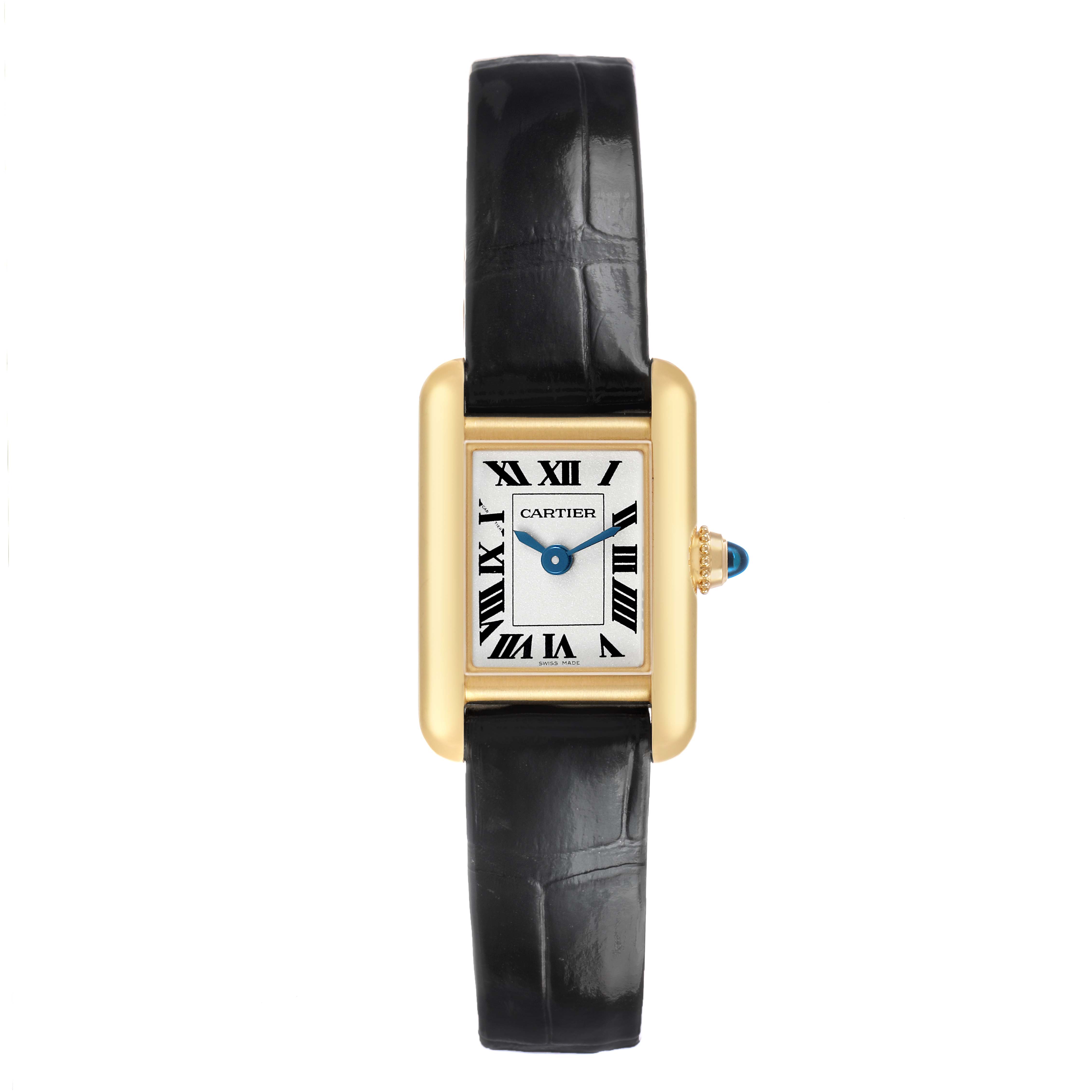 The Cartier Tank Louis Women's Yellow Gold Silver Dial watch is shown from a front angle, featuring its rectangular face, Roman numerals, and leather strap.