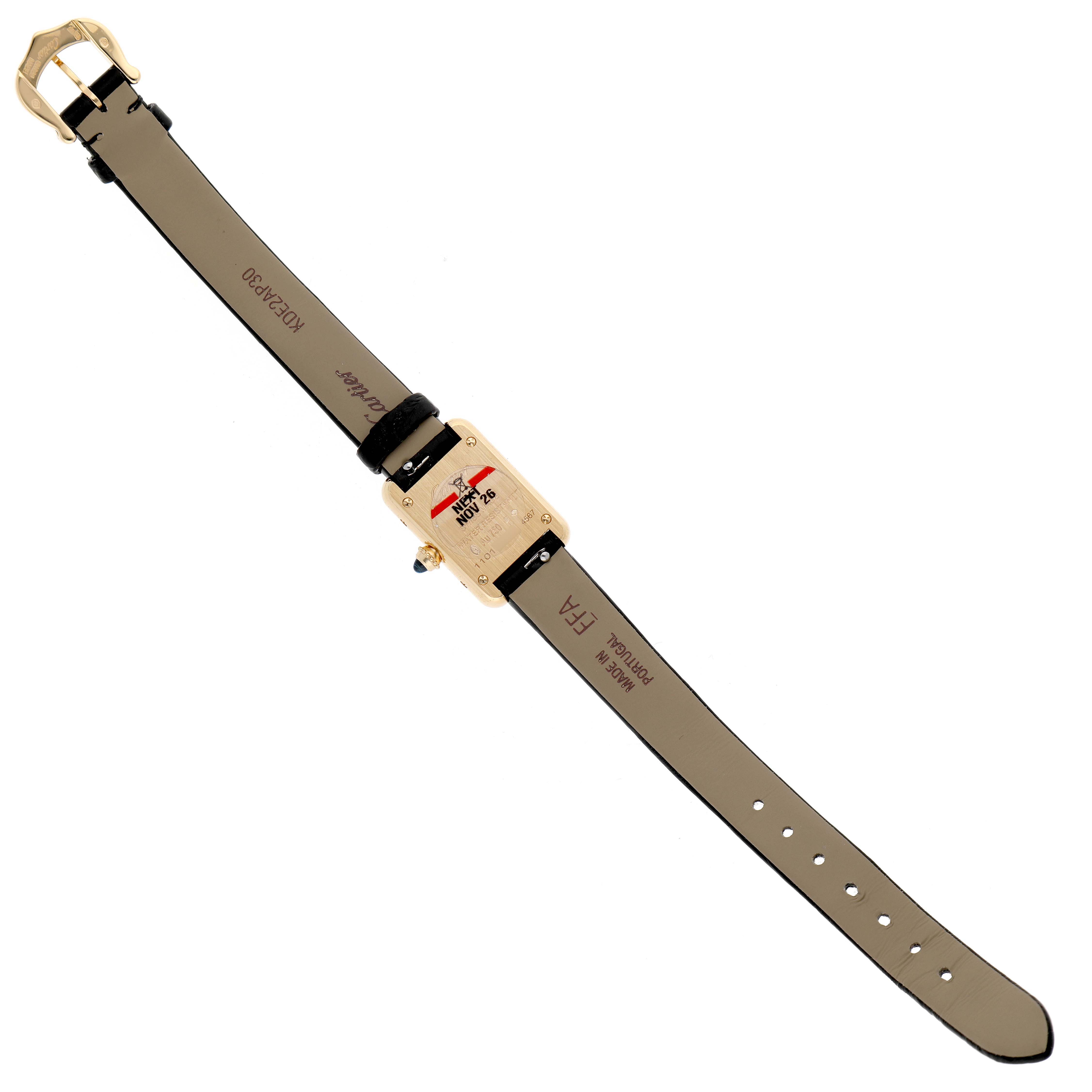 The Cartier Tank Louis Women's Yellow Gold Silver Dial watch is shown from the back, displaying the strap, buckle, and case back.