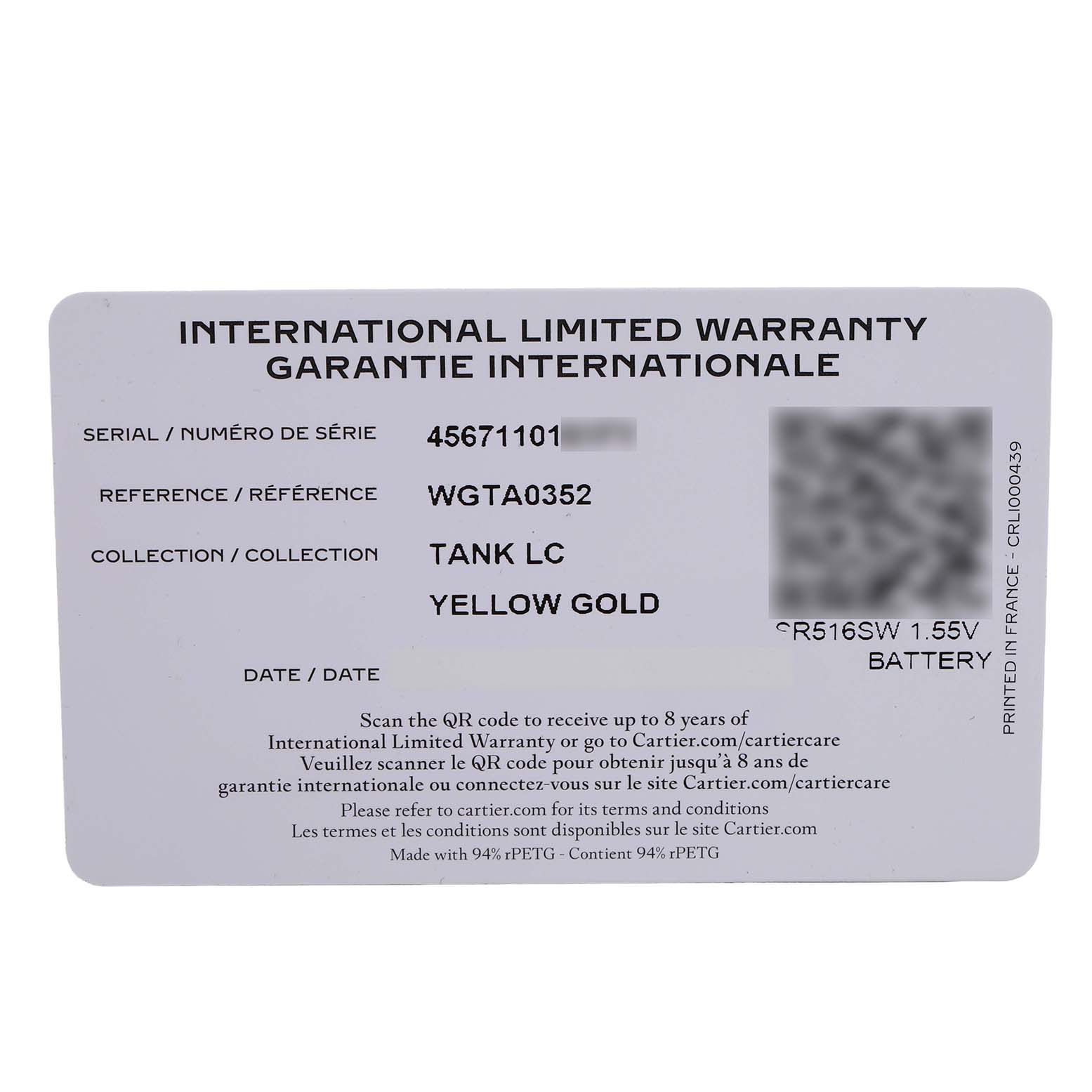 This image shows the international warranty card for a Cartier Tank Louis Women's Yellow Gold Silver Dial watch, detailing its serial number and collection.