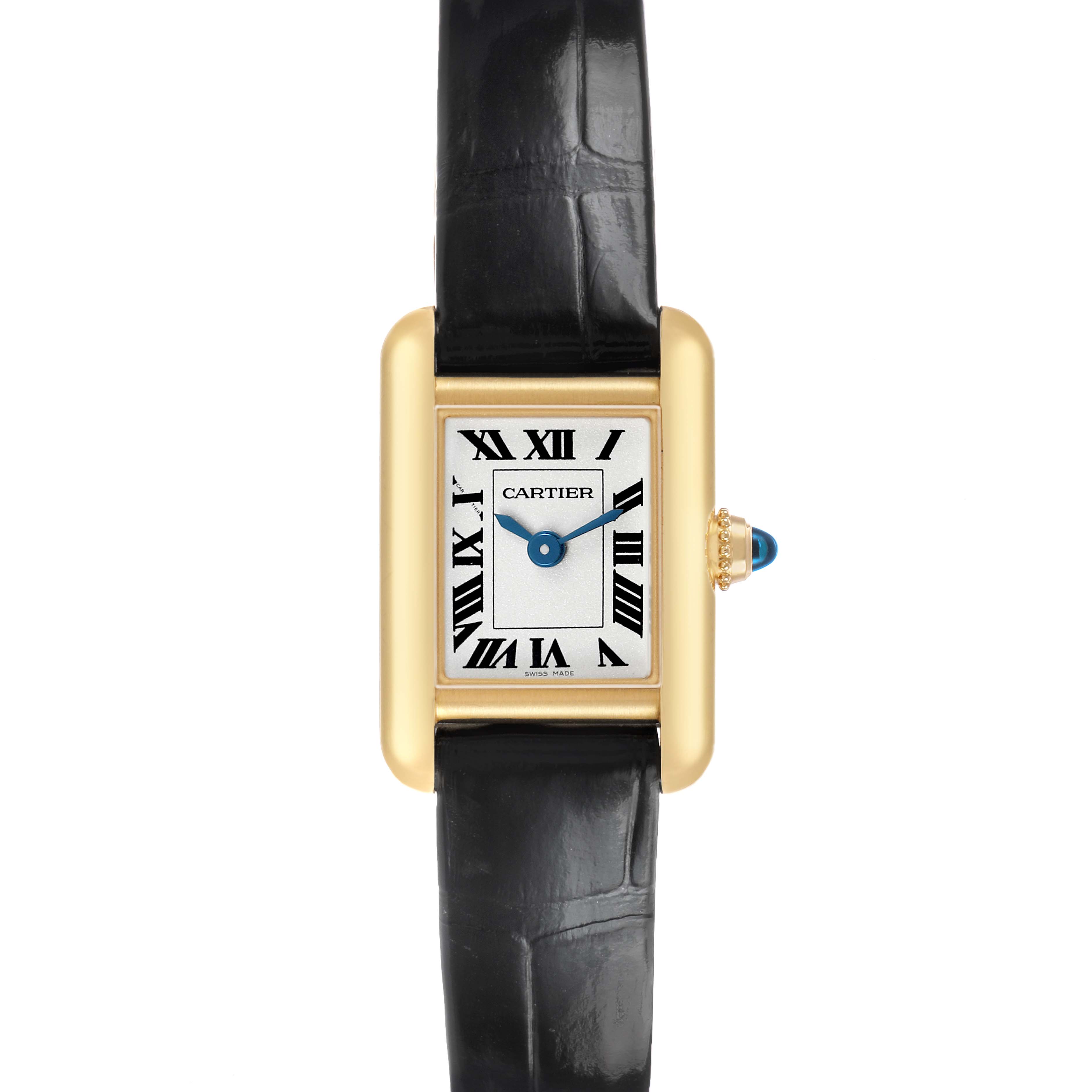 The Cartier Tank Louis Women's Yellow Gold Silver Dial watch is shown from the front, displaying its rectangular face, gold case, and black leather strap.
