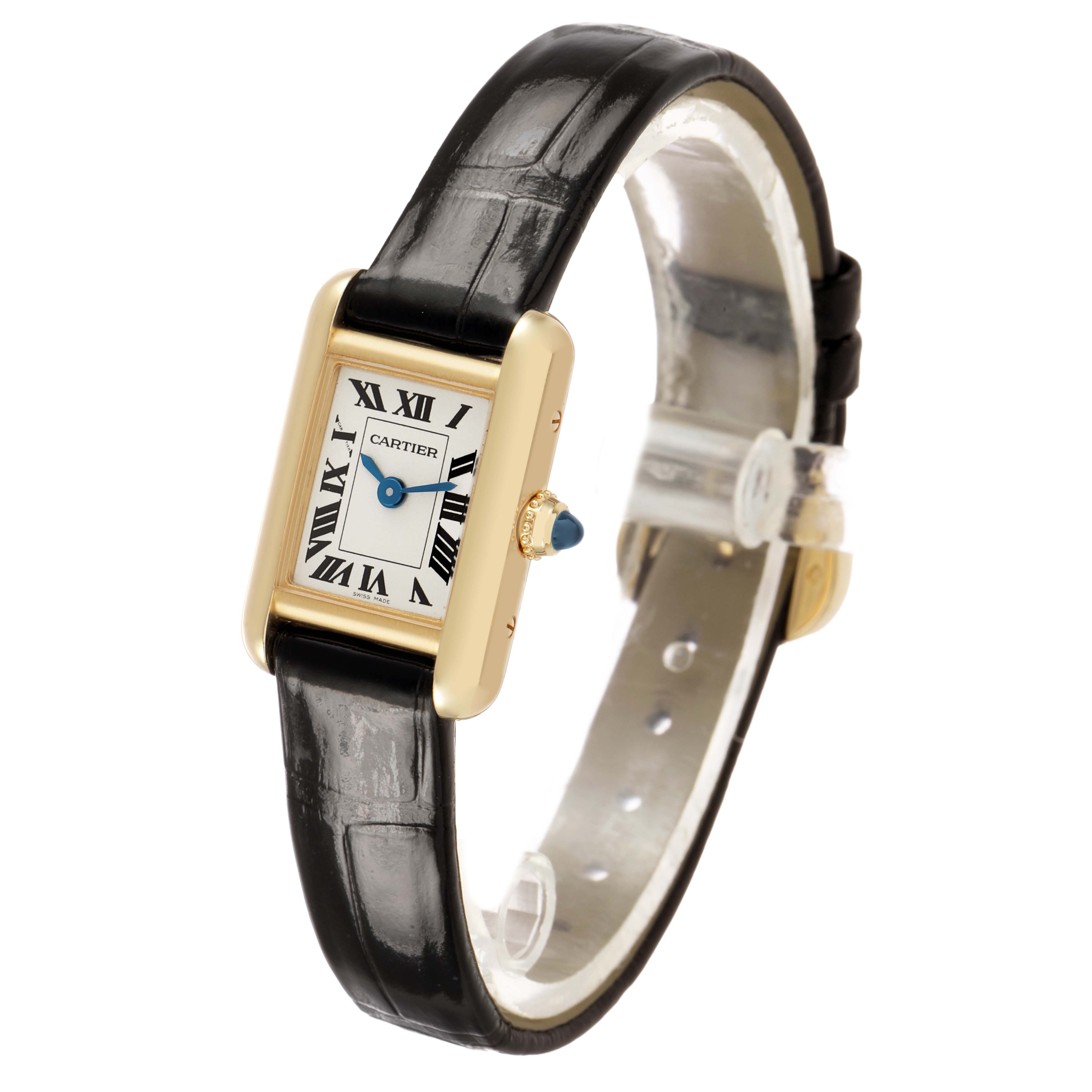 The Cartier Tank Louis Women's Yellow Gold Silver Dial watch is shown from a front angle, highlighting its rectangular face, gold case, and black leather strap.