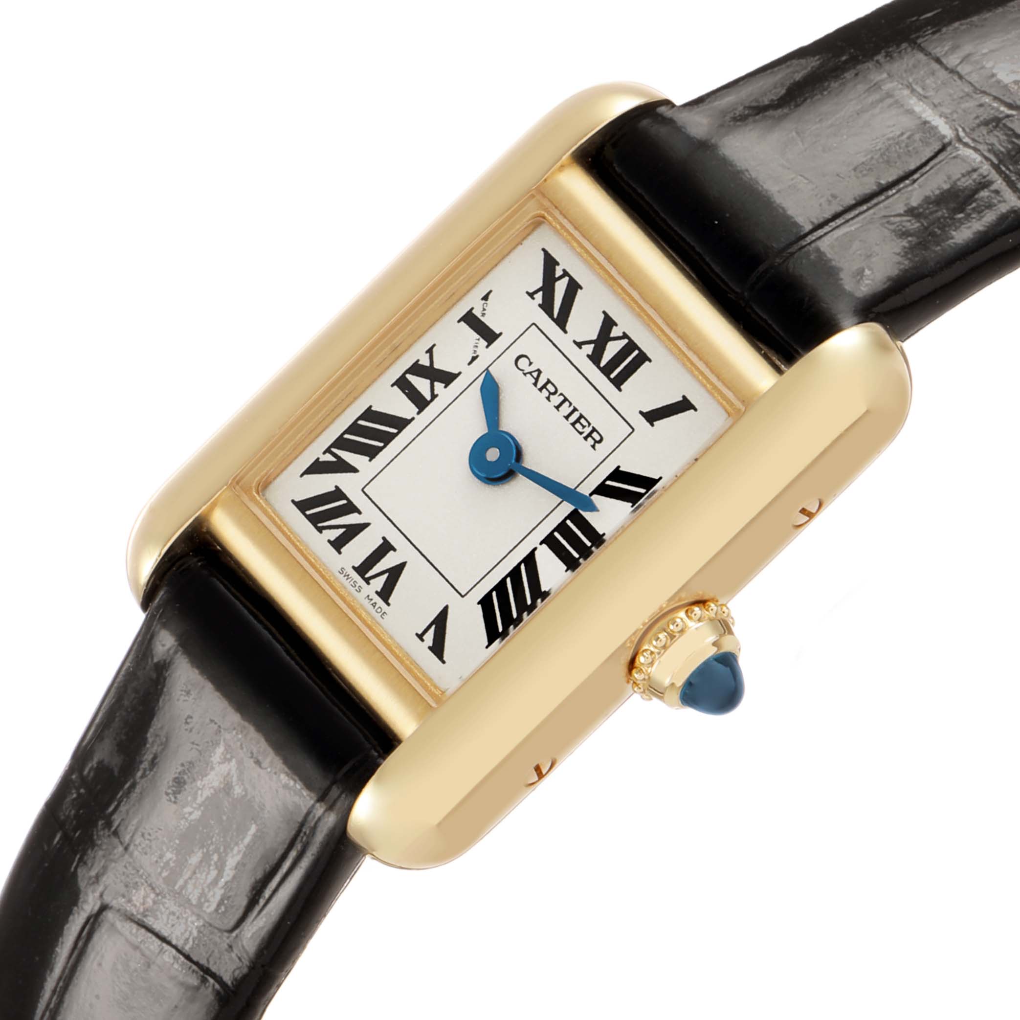 The image shows a close-up, angled view of the Cartier Tank Louis Women's Yellow Gold Silver Dial watch face, strap, and crown with a blue cabochon.