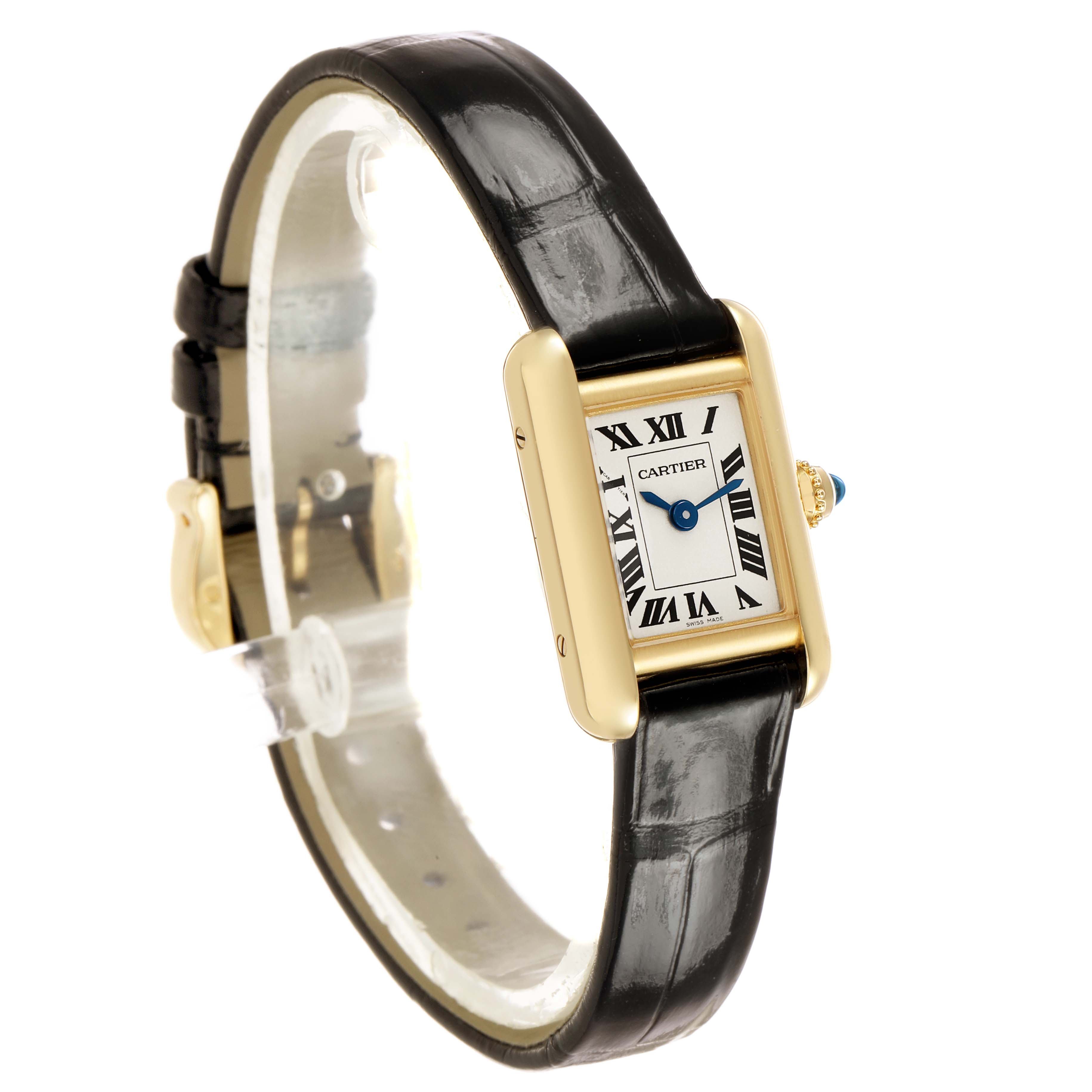 The Cartier Tank Louis Women's Yellow Gold Silver Dial watch is shown at an angle highlighting its gold case, black leather strap, and square face with Roman numerals.