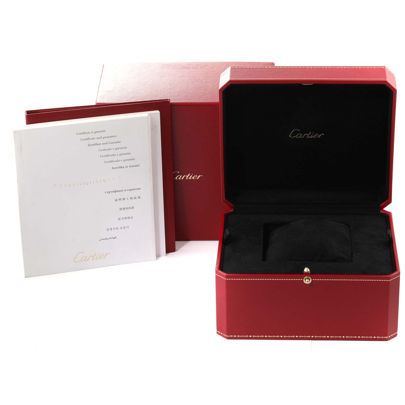 The image shows an open Cartier Tank Louis W1529856 Women's Yellow Gold Silver Dial W1529856 Women's Yellow Gold Silver Dial watch box along with its outer box and the authenticity documentation.