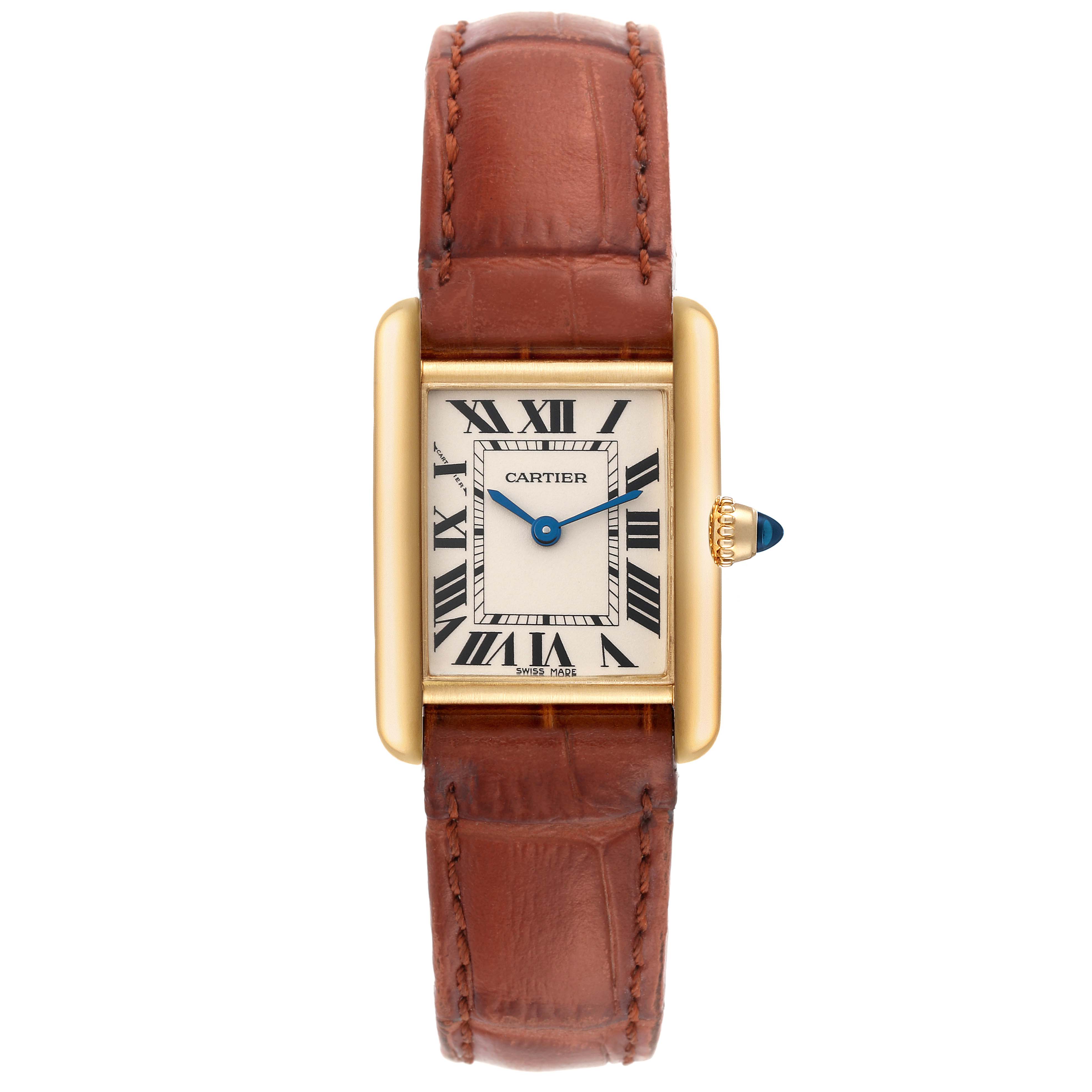 The image shows a front view of the Cartier Tank Louis W1529856 Women's Yellow Gold Silver Dial W1529856 Women's Yellow Gold Silver Dial watch, highlighting its rectangular face, roman numerals, and leather strap.
