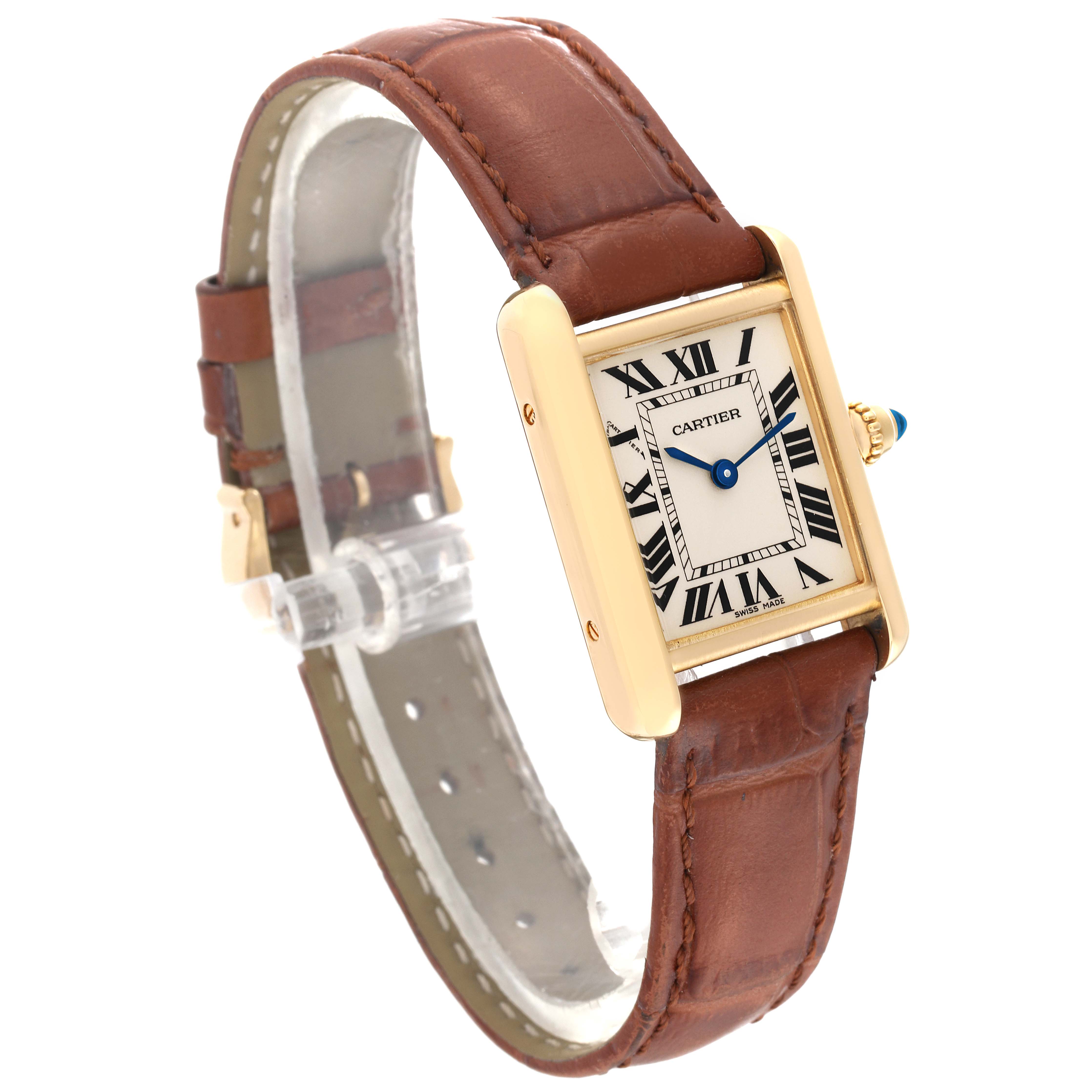 The image shows a side view of a Cartier Tank Louis W1529856 Women's Yellow Gold Silver Dial W1529856 Women's Yellow Gold Silver Dial watch, highlighting its brown leather strap and rectangular face.