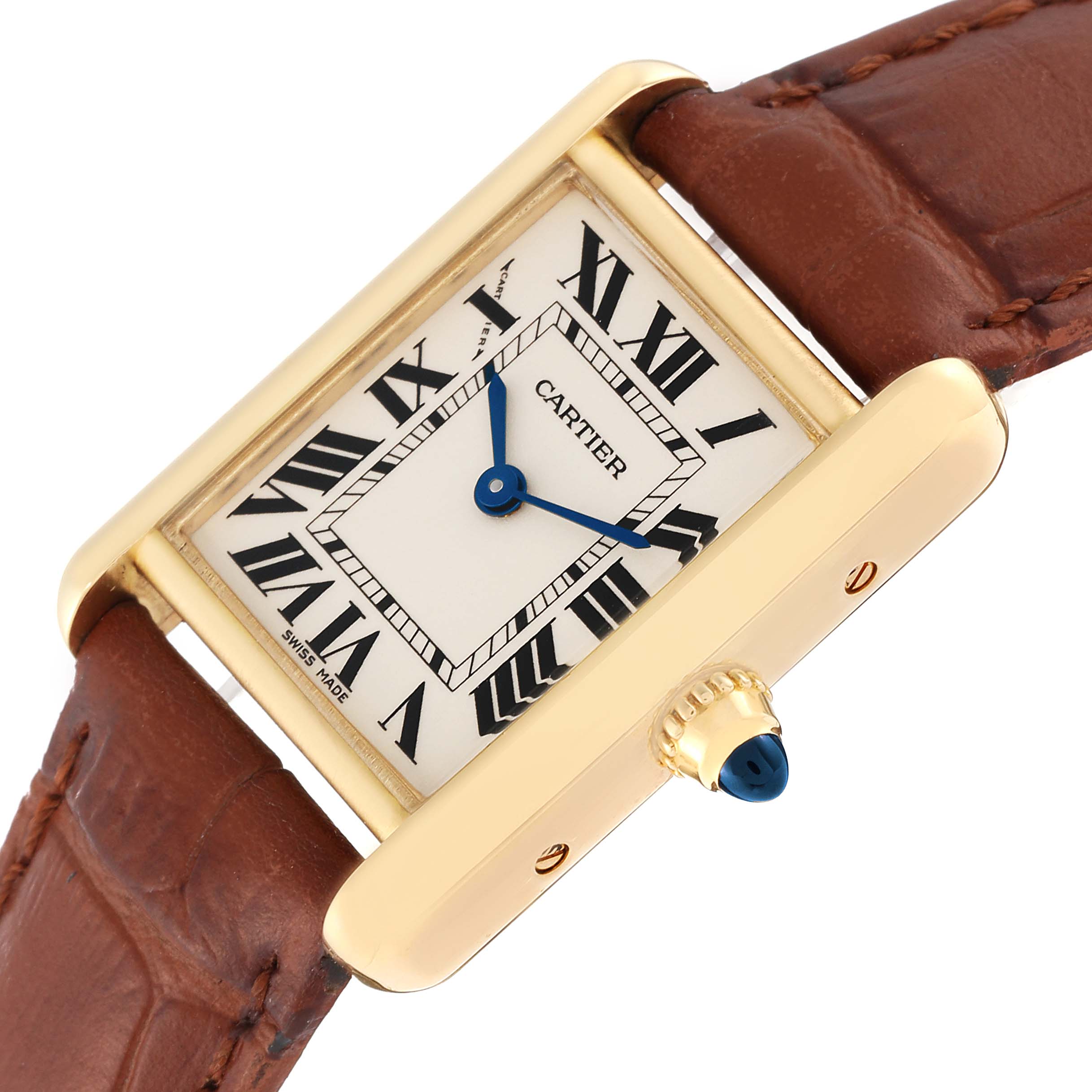 The image shows a side angle of a Cartier Tank Louis W1529856 Women's Yellow Gold Silver Dial W1529856 Women's Yellow Gold Silver Dial watch, highlighting the face, hands, crown, and leather strap.