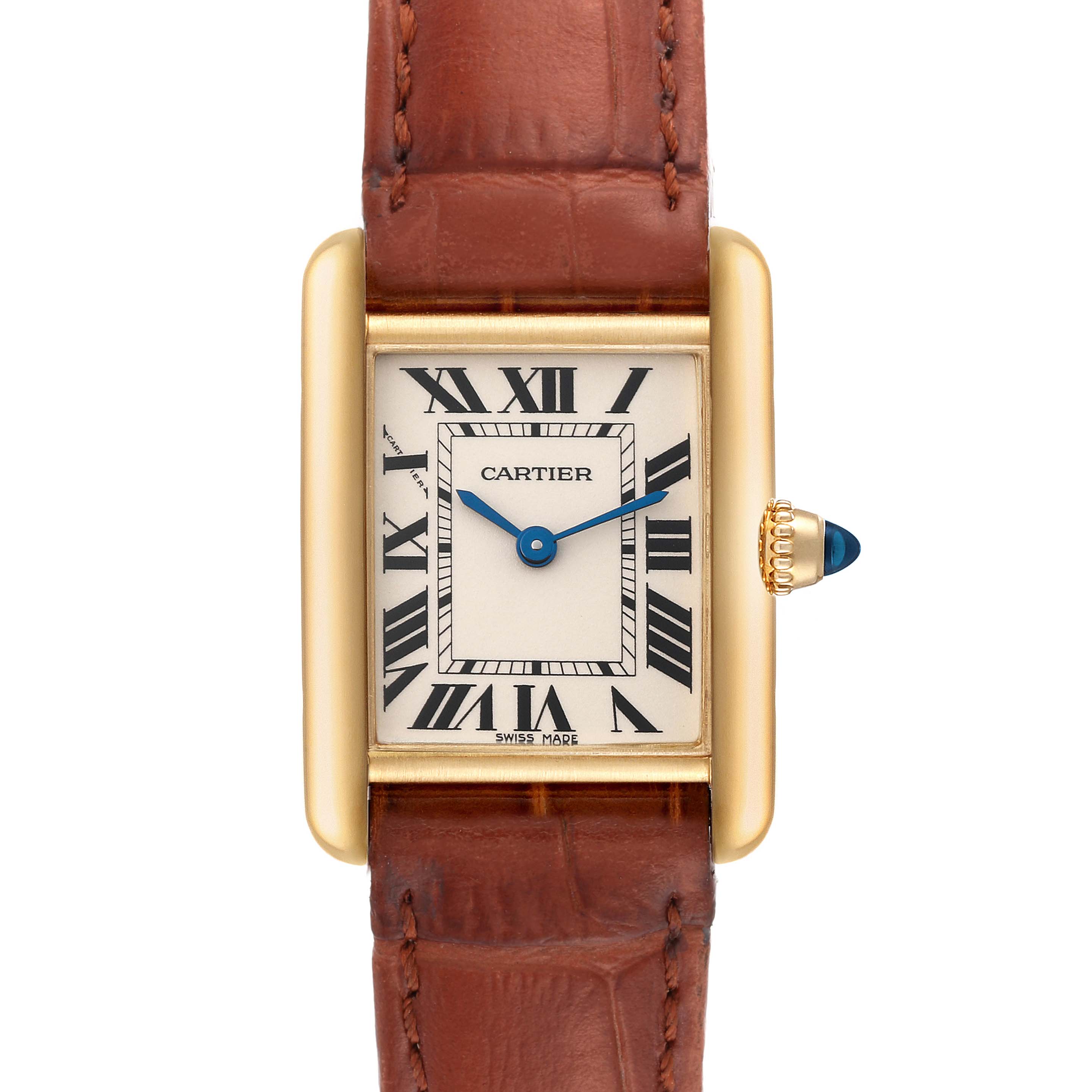 The image shows a front angle of the Cartier Tank Louis W1529856 Women's Yellow Gold Silver Dial W1529856 Women's Yellow Gold Silver Dial watch with a brown leather strap.
