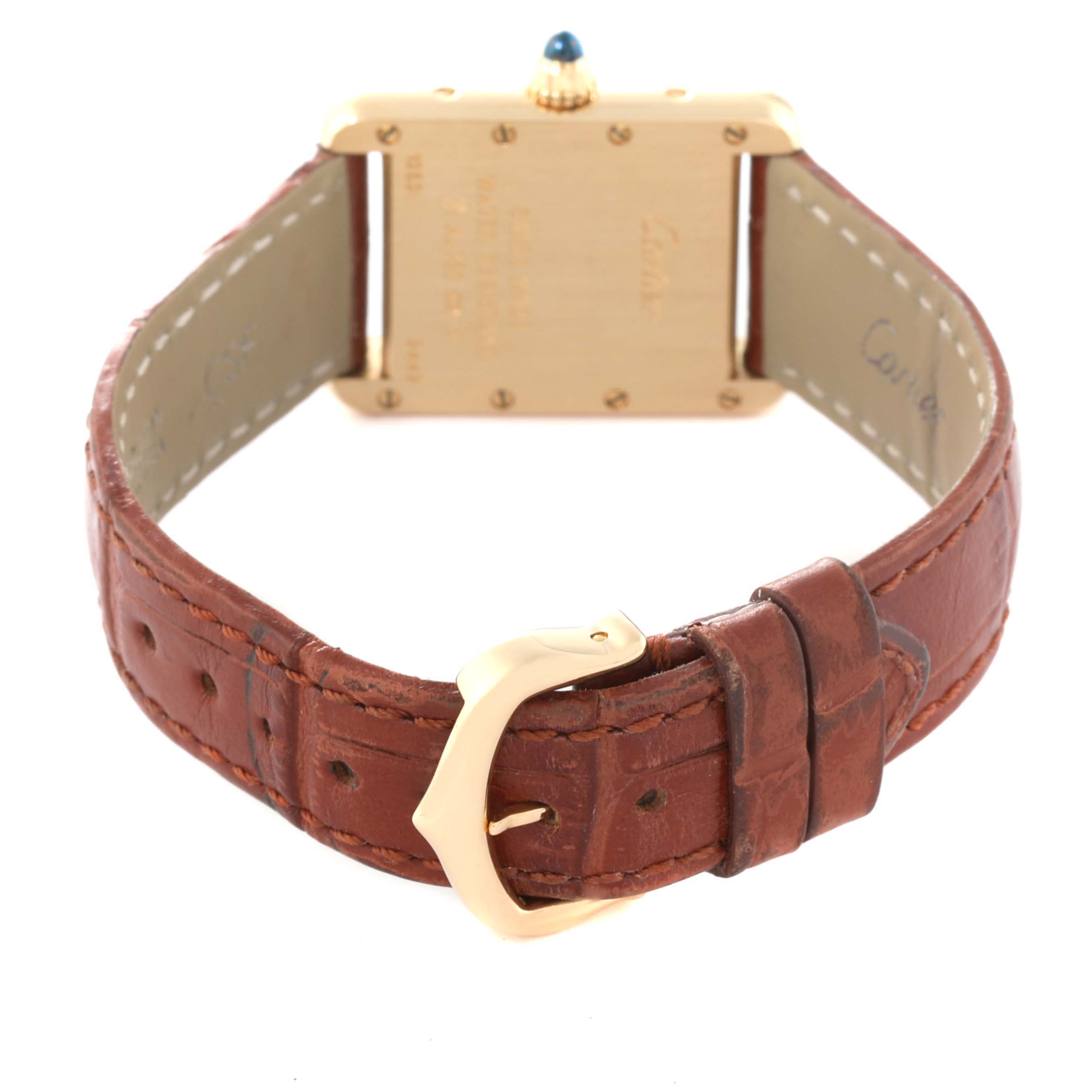 The image shows the back view of a Cartier Tank Louis W1529856 Women's Yellow Gold Silver Dial W1529856 Women's Yellow Gold Silver Dial watch, highlighting the leather strap and buckle.