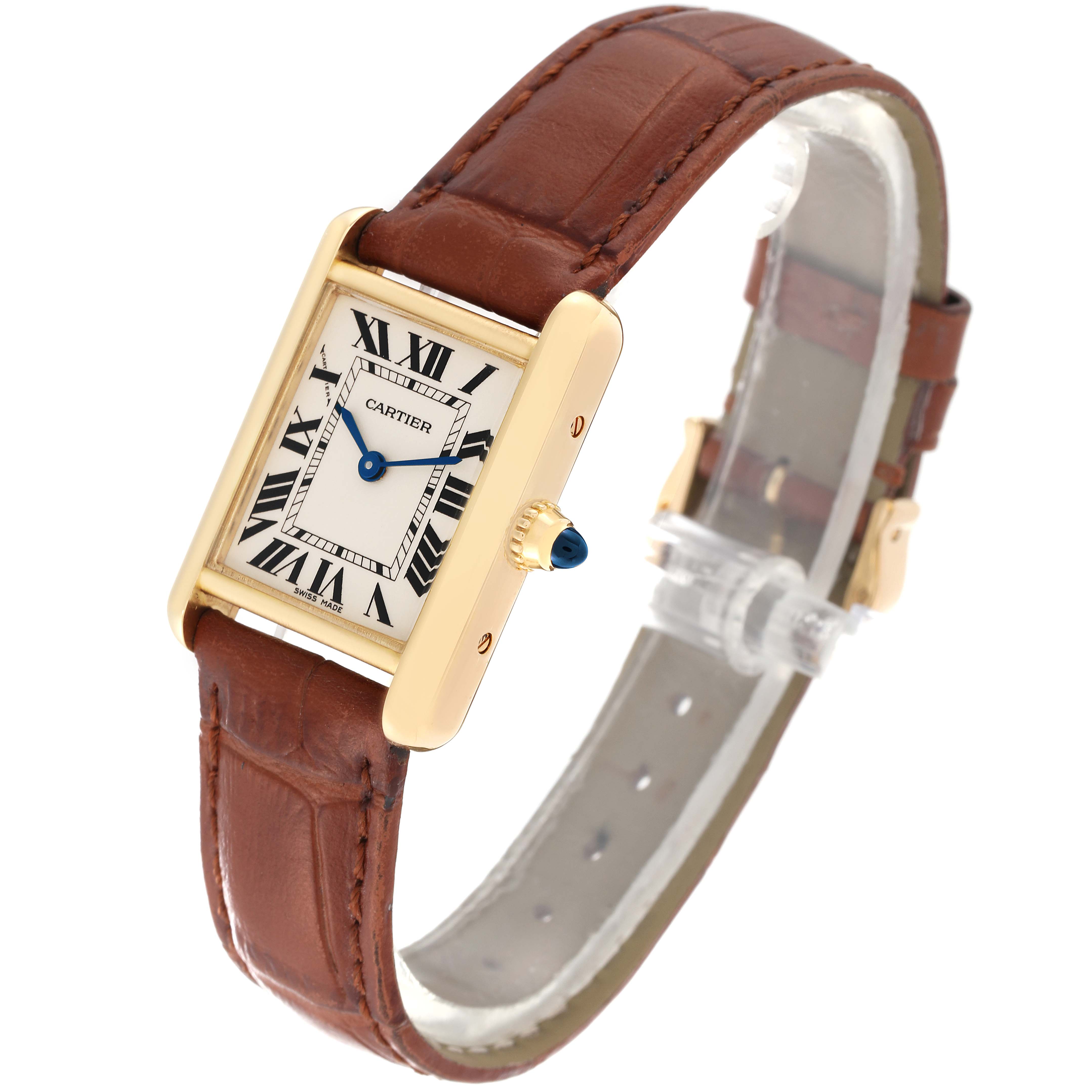 This image shows a Cartier Tank Louis W1529856 Women's Yellow Gold Silver Dial W1529856 Women's Yellow Gold Silver Dial watch at a three-quarter angle with a brown leather strap and gold casing.