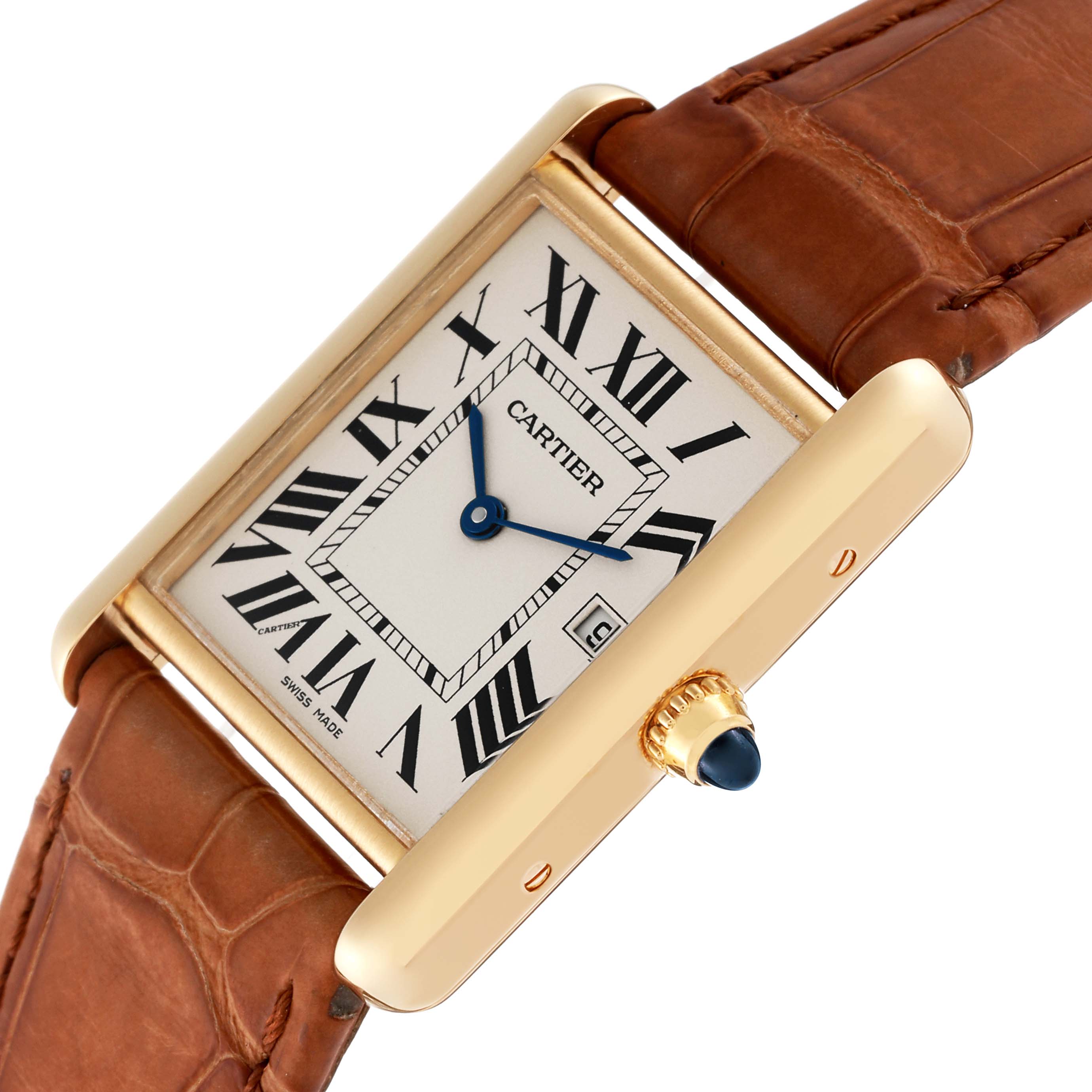 The image shows a close-up of the Cartier Tank Louis W1529756 Men's Yellow Gold Silver Dial W1529756 Men's Yellow Gold Silver Dial watch face and leather strap at a slight angle, highlighting its Roman numerals and blue hands.