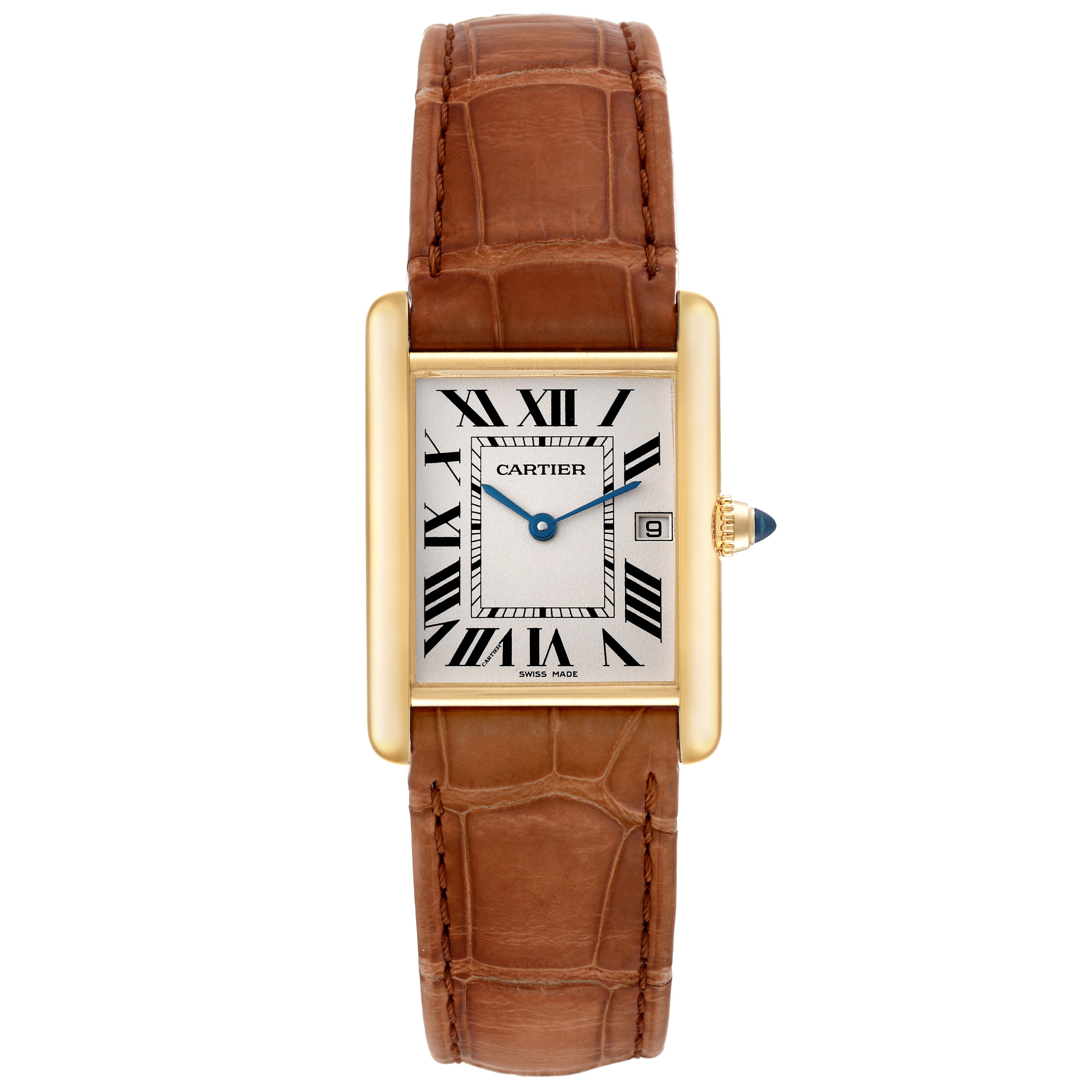 The image shows a front view of a Cartier Tank Louis W1529756 Men's Yellow Gold Silver Dial W1529756 Men's Yellow Gold Silver Dial watch, featuring its entire face, case, and strap.