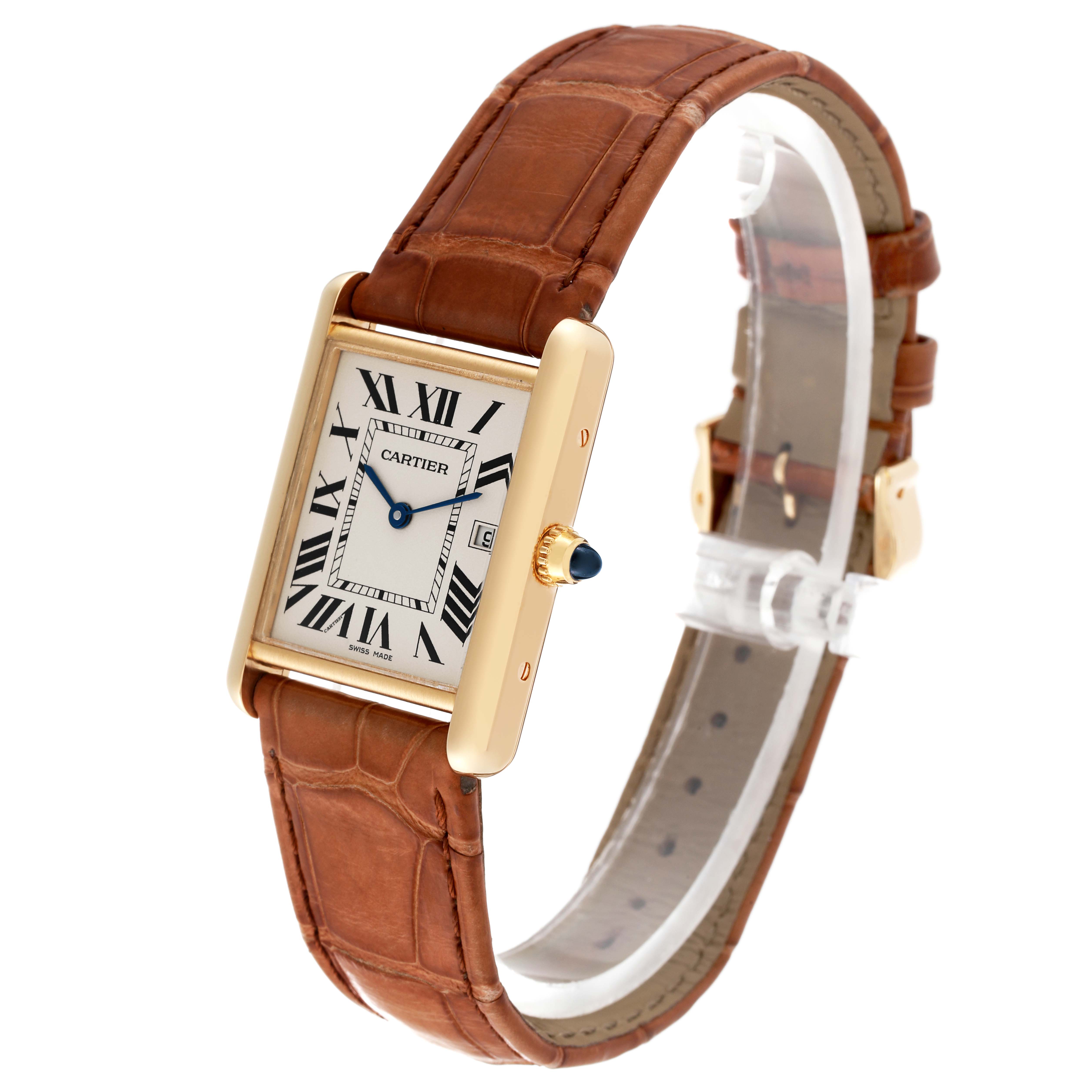 The image shows a Cartier Tank Louis W1529756 Men's Yellow Gold Silver Dial W1529756 Men's Yellow Gold Silver Dial watch angled to display its face, leather strap, and side crown.