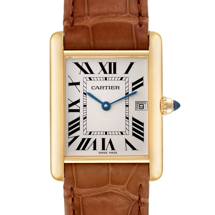 Cartier Tank Louis Yellow Gold Brown Leather Strap Mens Watch W1529756 Card SwissWatchExpo