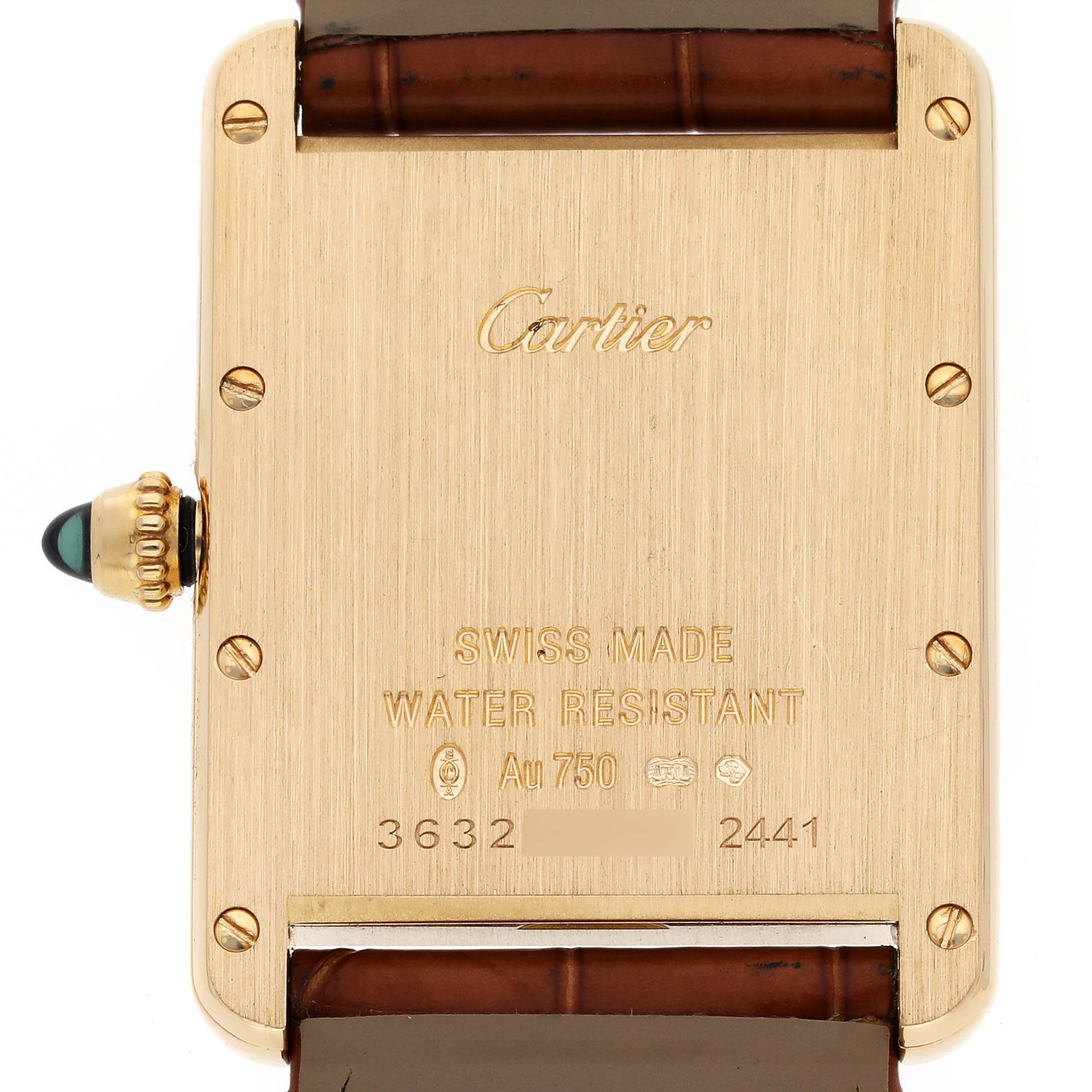 This is the back view of a Cartier Tank Louis W1529756 Men's Yellow Gold Silver Dial W1529756 Men's Yellow Gold Silver Dial model watch, showing its casing details and leather strap.