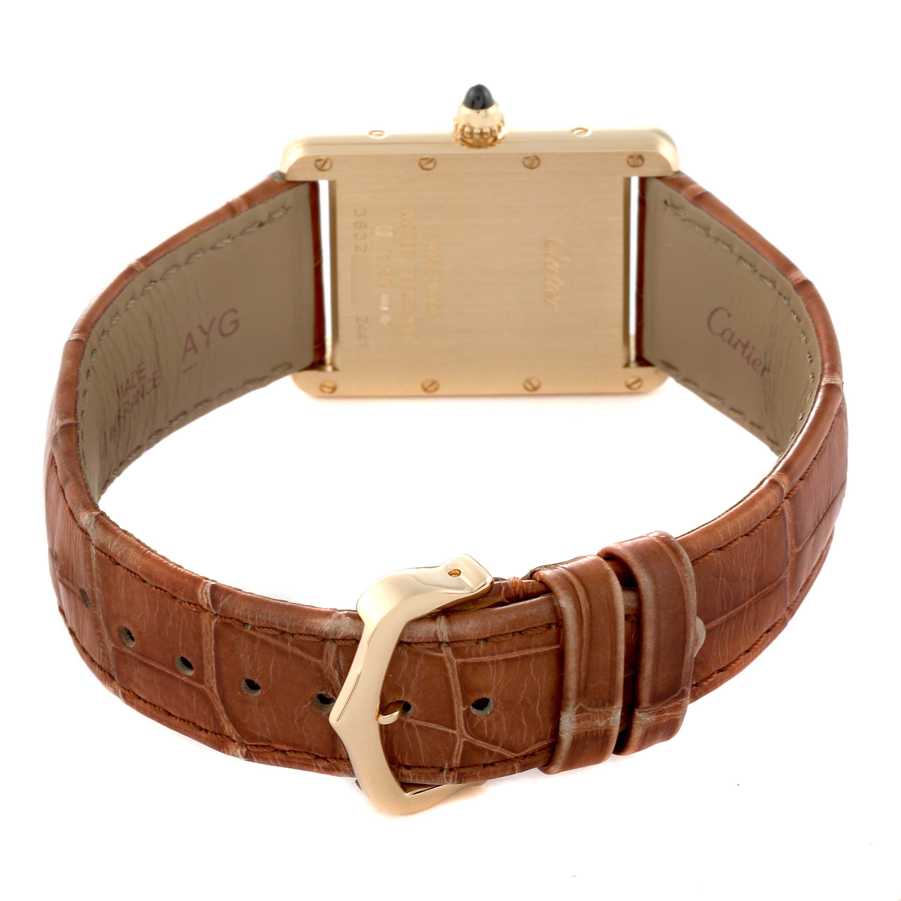 The image shows the back of the Cartier Tank Louis W1529756 Men's Yellow Gold Silver Dial W1529756 Men's Yellow Gold Silver Dial model watch, highlighting the leather strap and buckle.