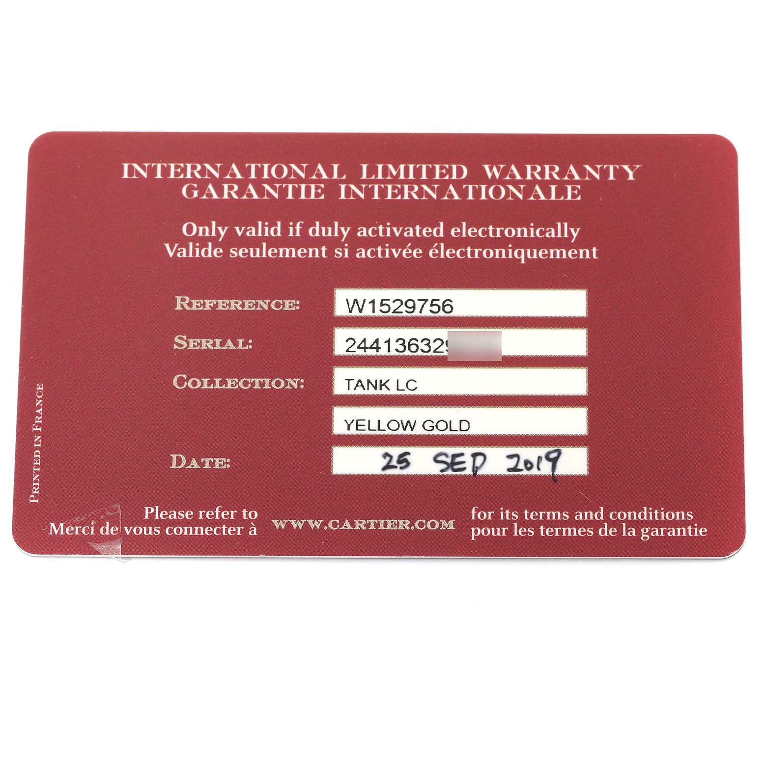 This is an image of the international limited warranty card for the Cartier Tank Louis W1529756 Men's Yellow Gold Silver Dial W1529756 Men's Yellow Gold Silver Dial model watch.