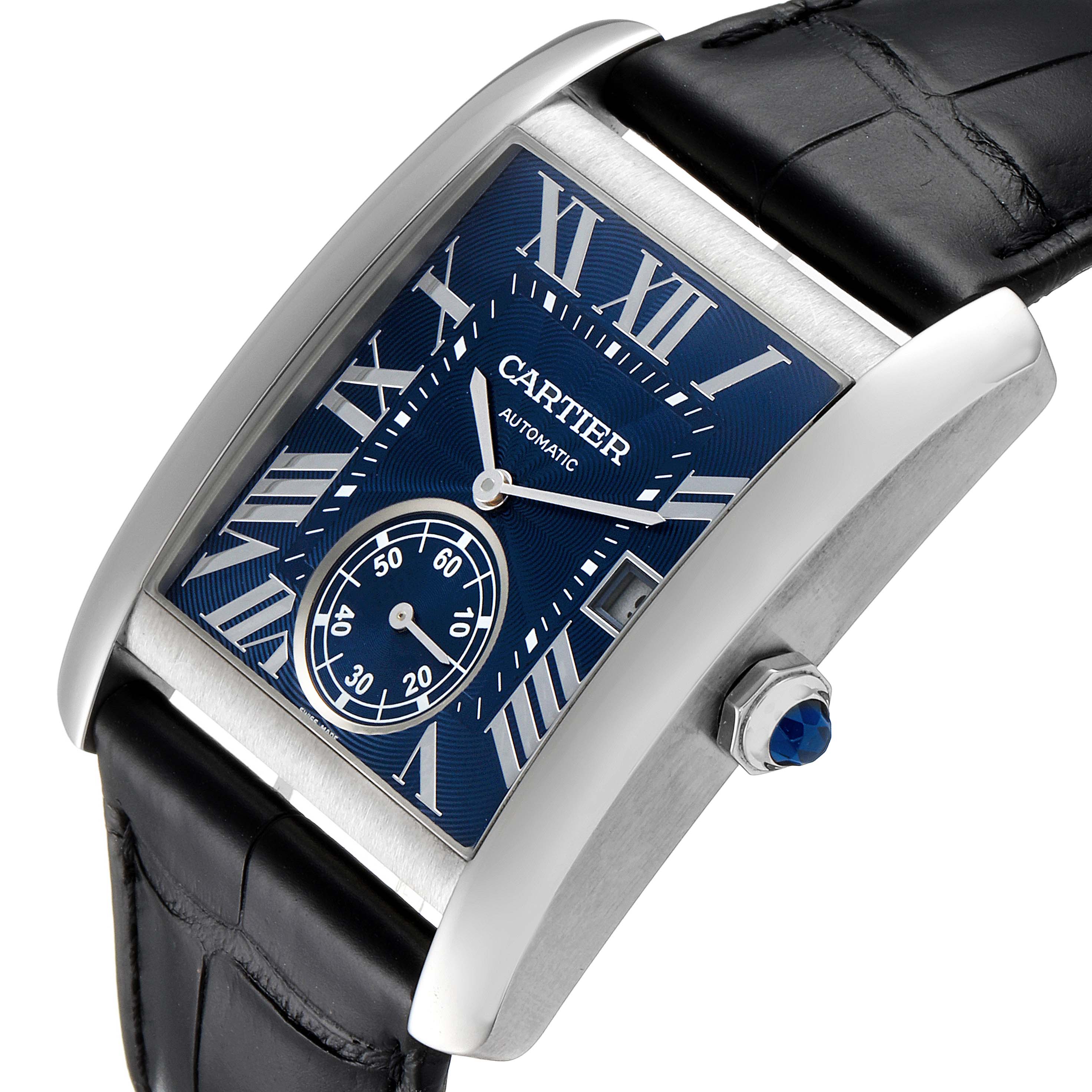 This image shows the Cartier Tank MC WSTA0010 Men's Stainless Steel Blue Dial WSTA0010 Men's Stainless Steel Blue Dial watch at a slight angle, highlighting the face with roman numerals, the crown, and part of the black leather strap.