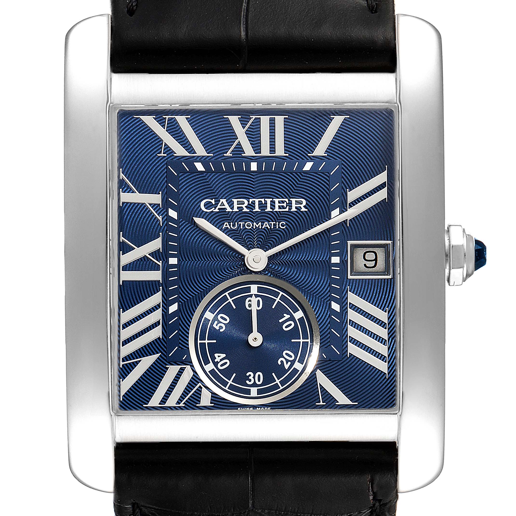 This image shows a Cartier Tank MC WSTA0010 Men's Stainless Steel Blue Dial WSTA0010 Men's Stainless Steel Blue Dial watch with a blue dial, featuring Roman numerals, subdial, and date window, viewed from the front.