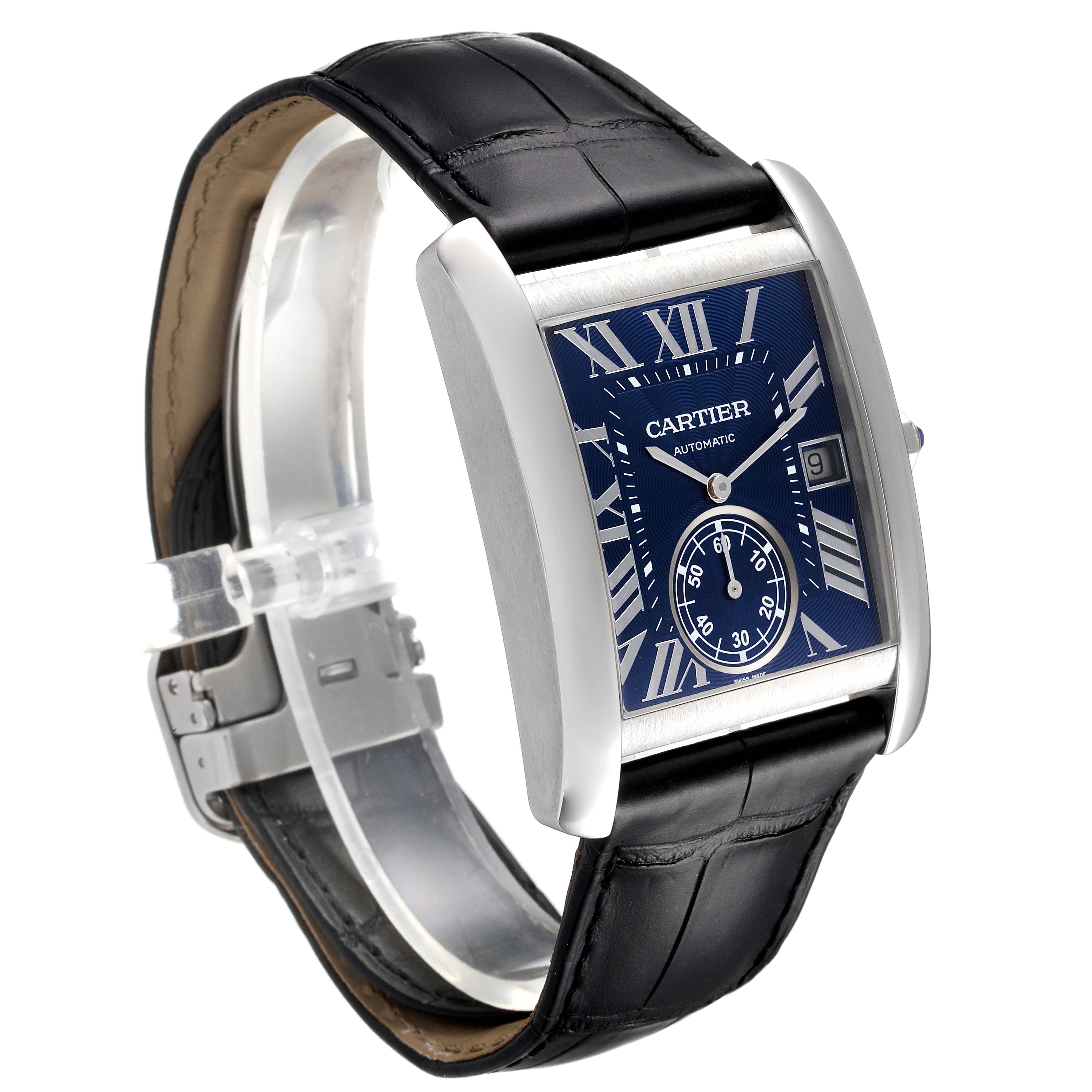 The image shows a Tank MC model watch by Cartier, angled to display its face, strap, and clasp.