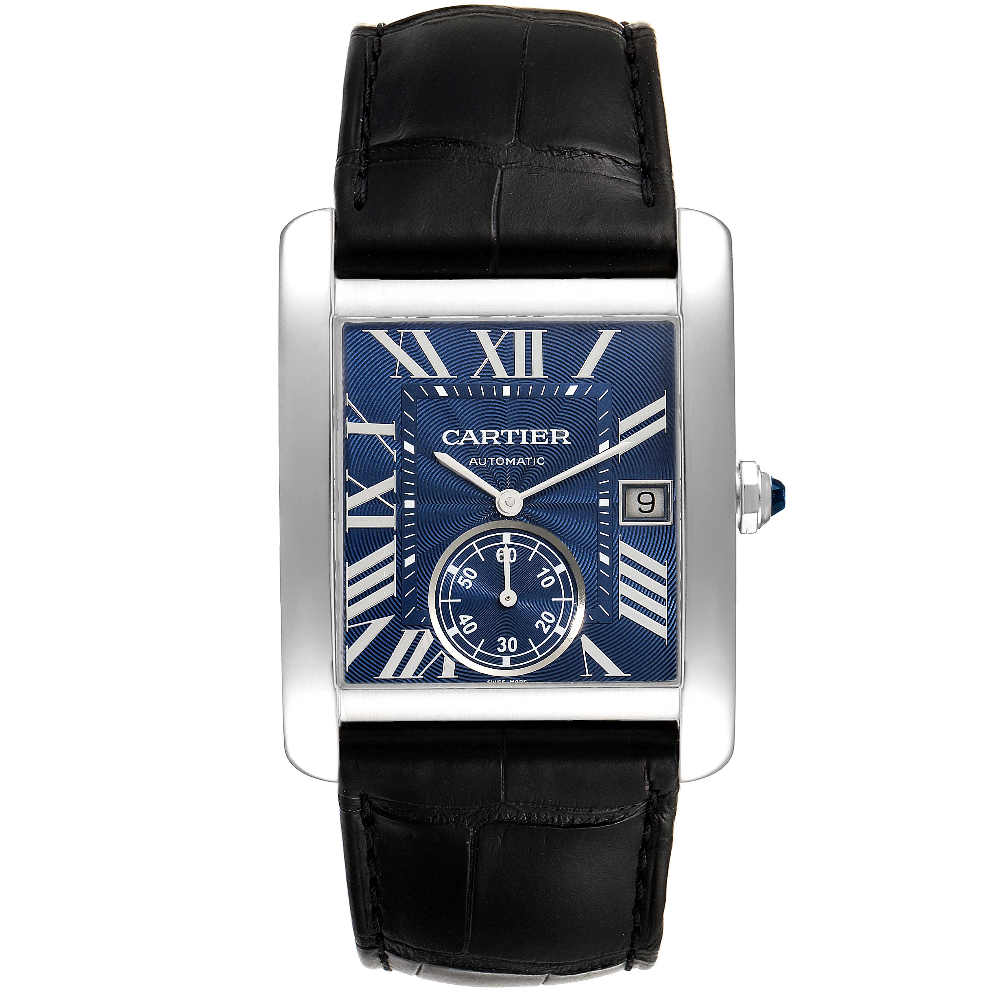 The image shows a head-on view of the Cartier Tank MC WSTA0010 Men's Stainless Steel Blue Dial WSTA0010 Men's Stainless Steel Blue Dial watch, featuring a blue dial, Roman numerals, date window, and black leather strap.