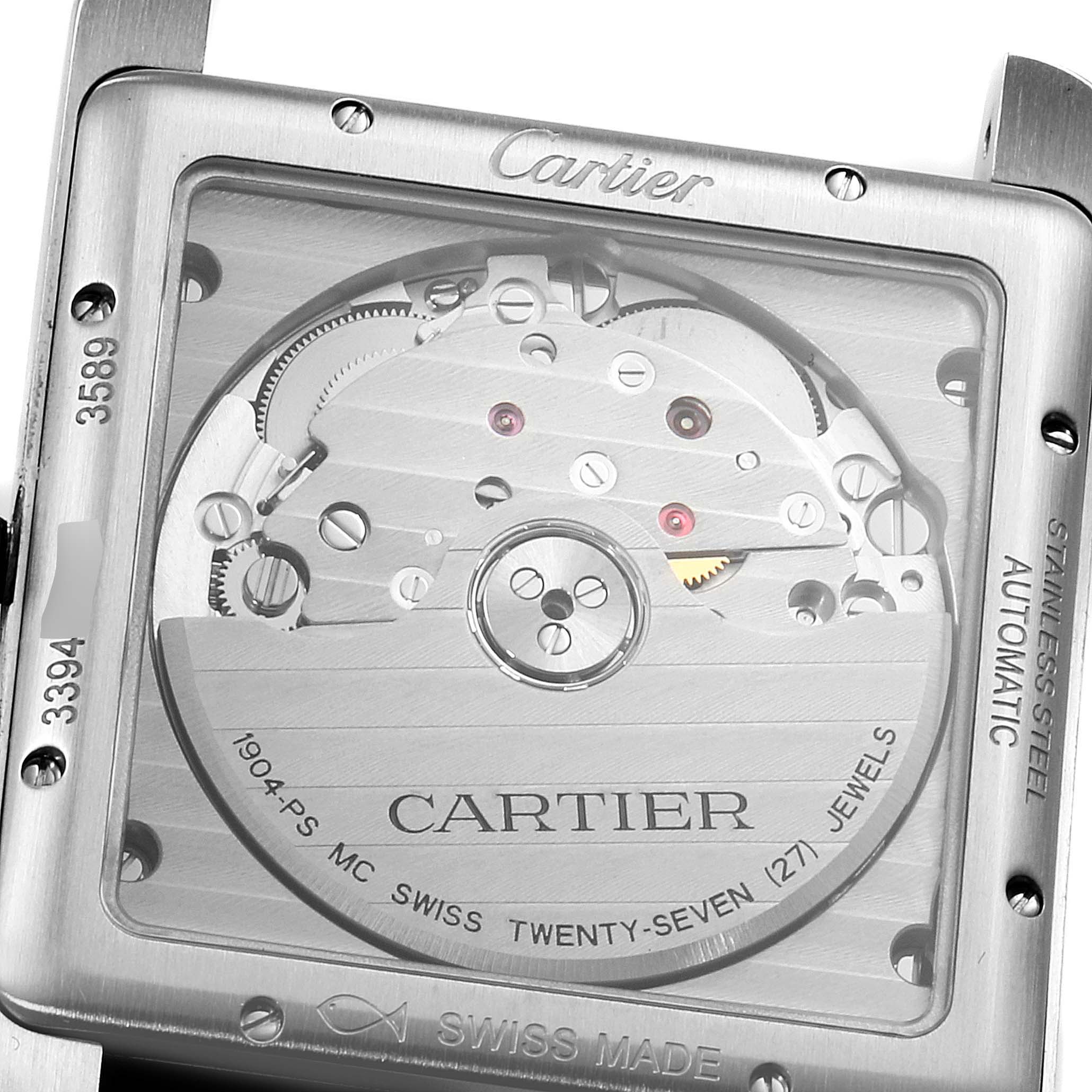 This image shows the back view of the Cartier Tank MC WSTA0010 Men's Stainless Steel Blue Dial WSTA0010 Men's Stainless Steel Blue Dial watch, highlighting its movement and inner mechanism.